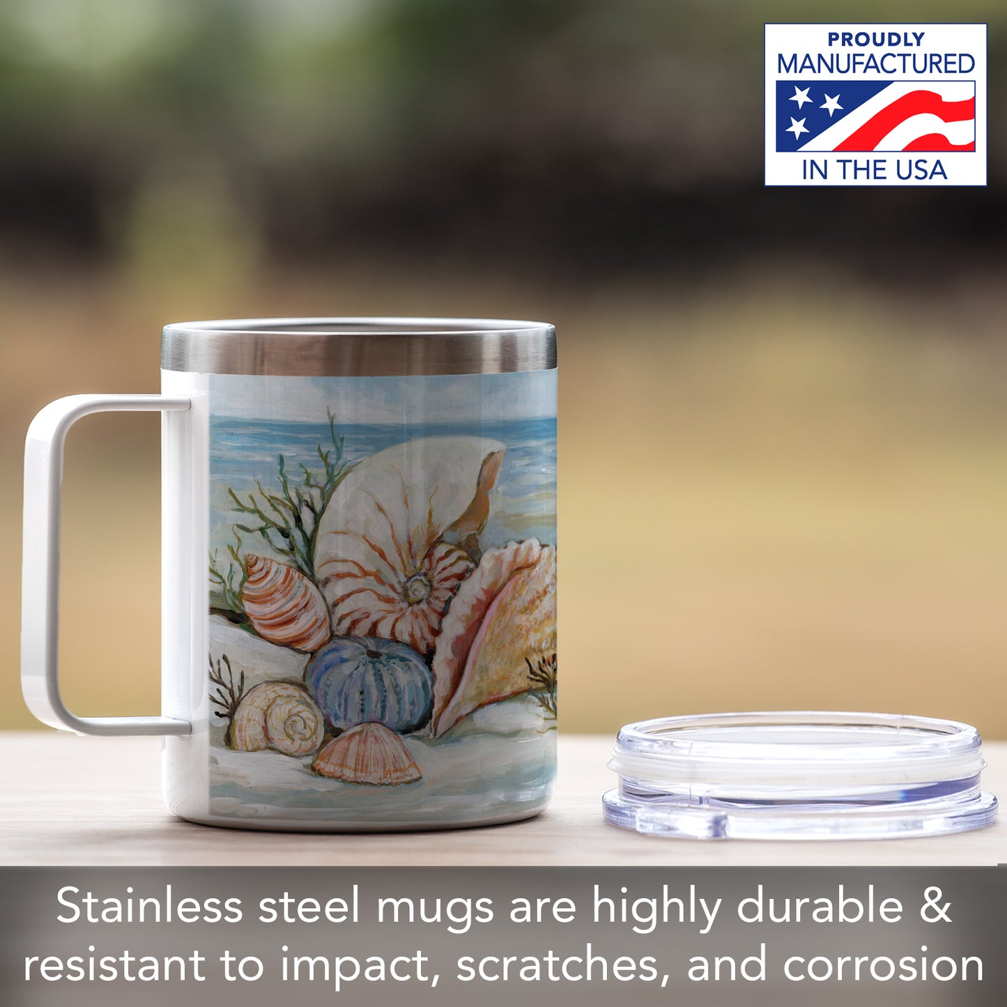 Coastal Shore Stainless Steel Travel Mug with Lid 12 oz. Manufactured in the USA