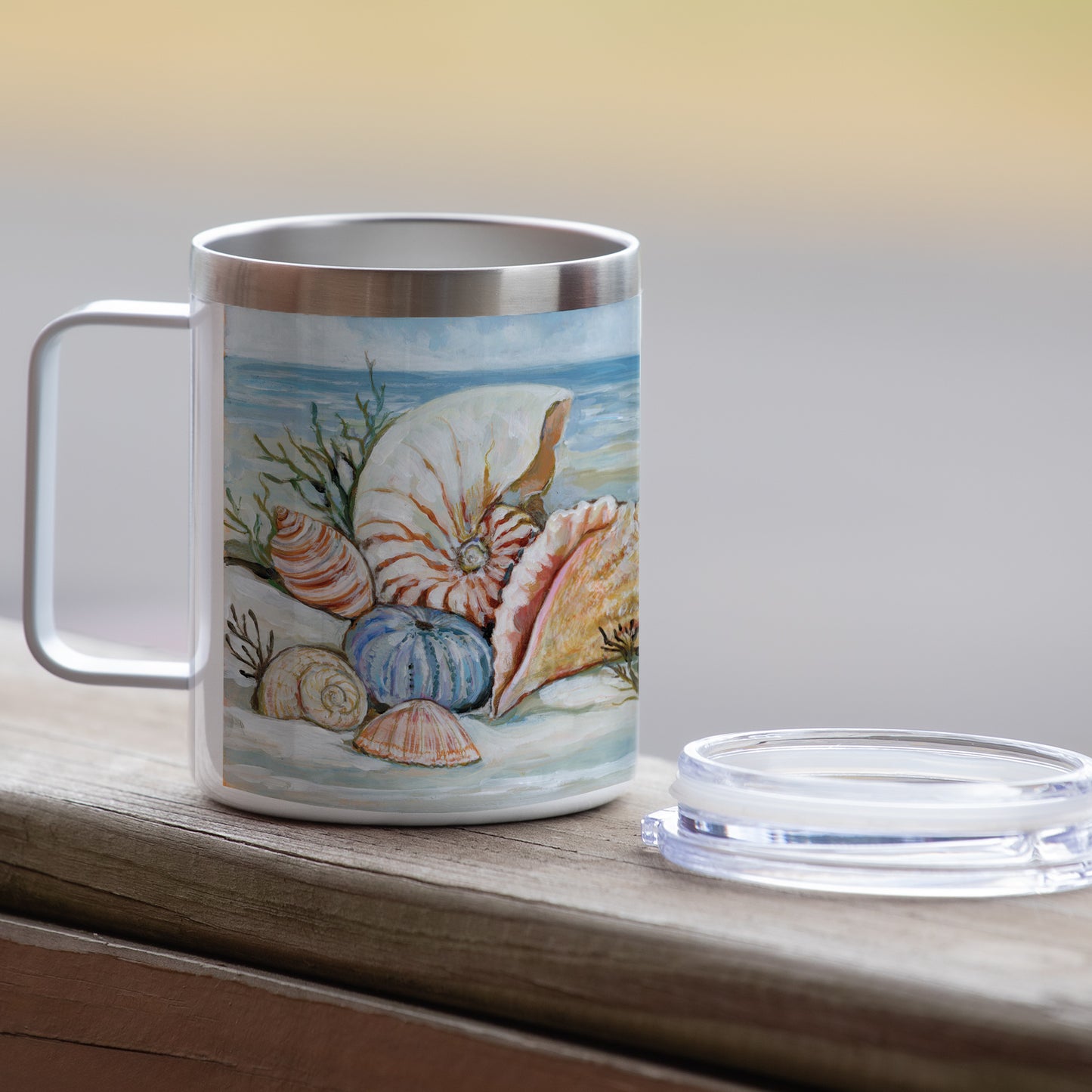 Coastal Shore Stainless Steel Travel Mug with Lid 12 oz. Manufactured in the USA