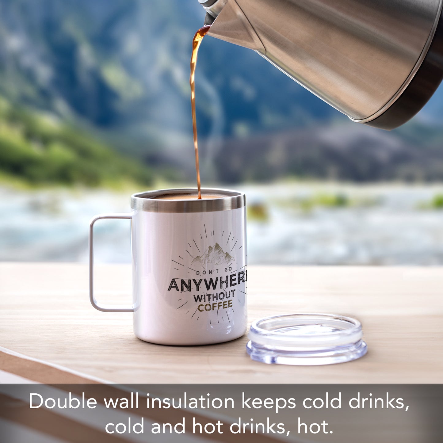 Highland Home Don't Go Anywhere Decorative Stainless Steel Insulated Travel Mug with Lid and Handle 12 oz. Manufactured in the USA Dishwasher Safe