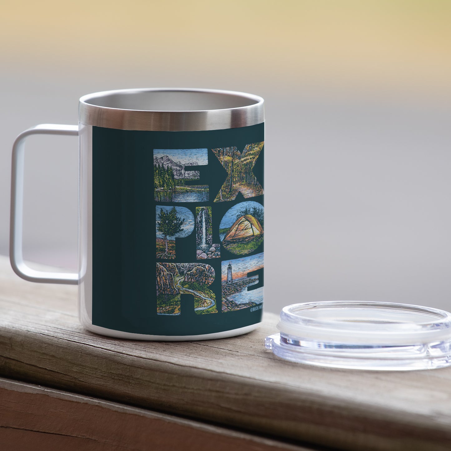 Highland Home Decorative Stainless Steel Insulated Travel Mug with Lid and Handle 12 oz. Manufactured in the USA Dishwasher Safe (Explore)