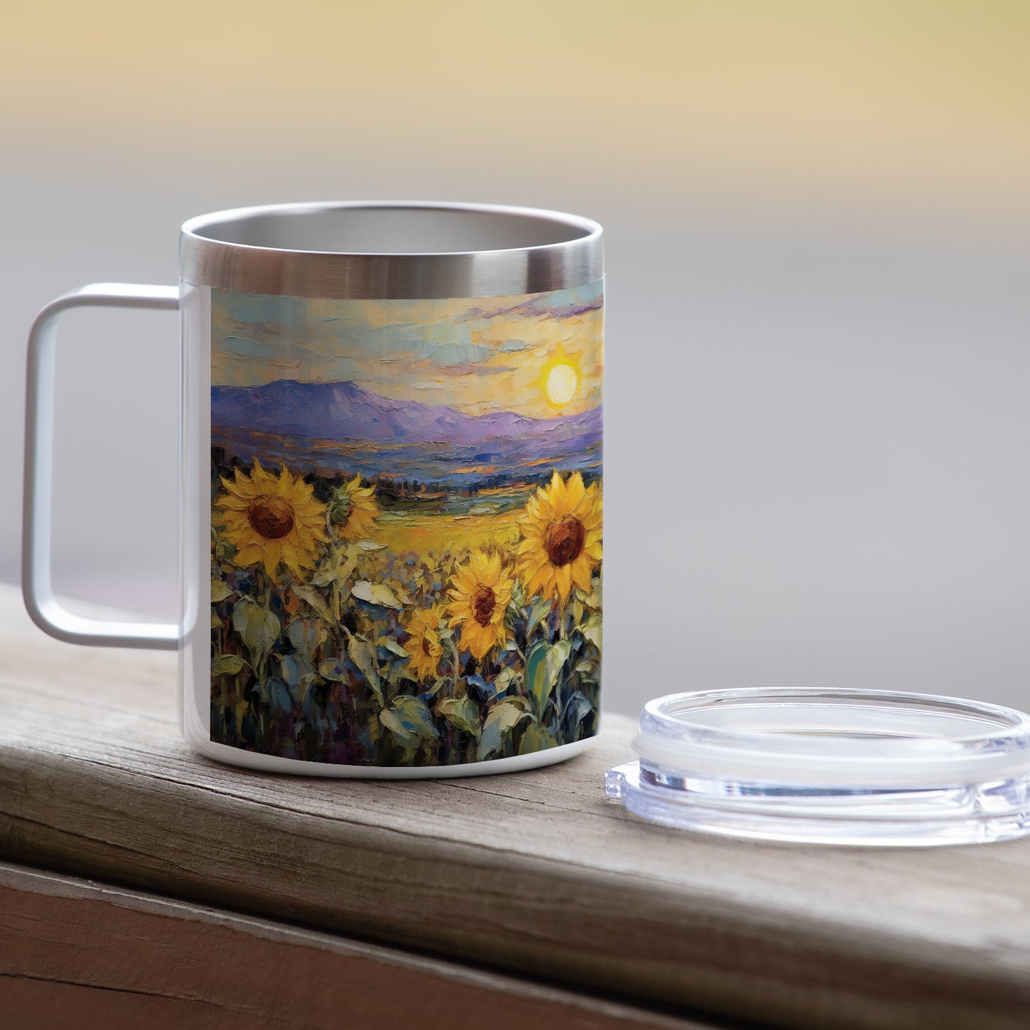 Field of Sunflowers Stainless Steel Travel Mug with Lid 12 oz.