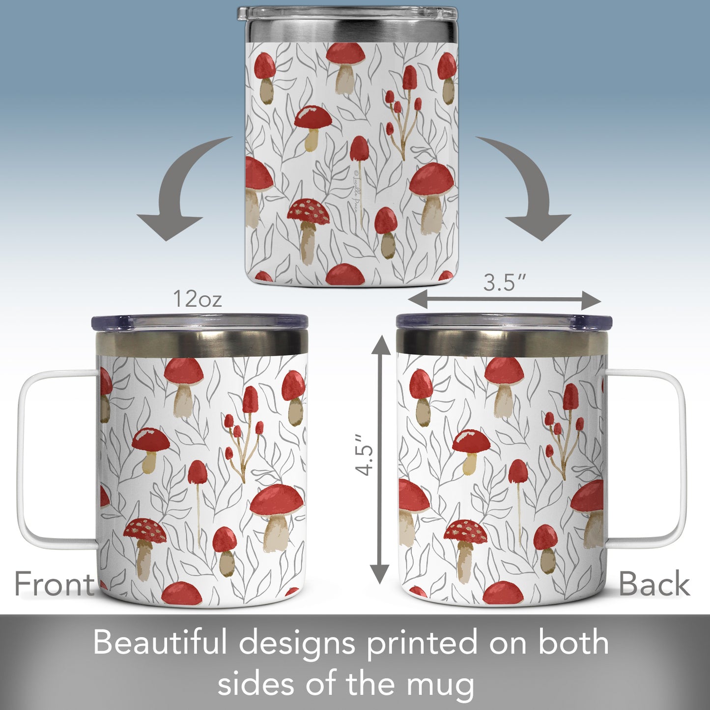 Highland Home Mushrooms Stainless Steel Travel Mug with Lid 12 oz. Manufactured in the USA