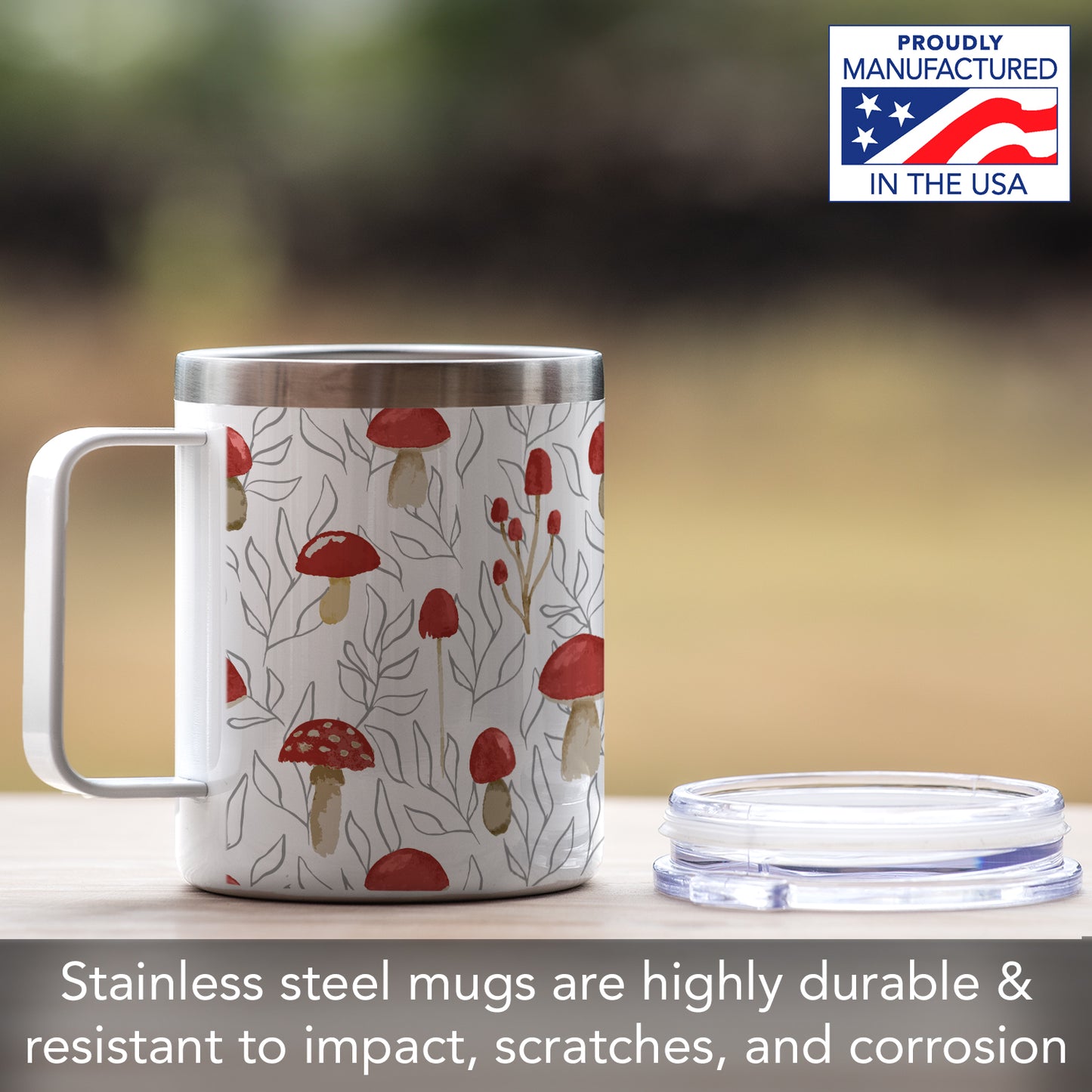 Highland Home Mushrooms Stainless Steel Travel Mug with Lid 12 oz. Manufactured in the USA