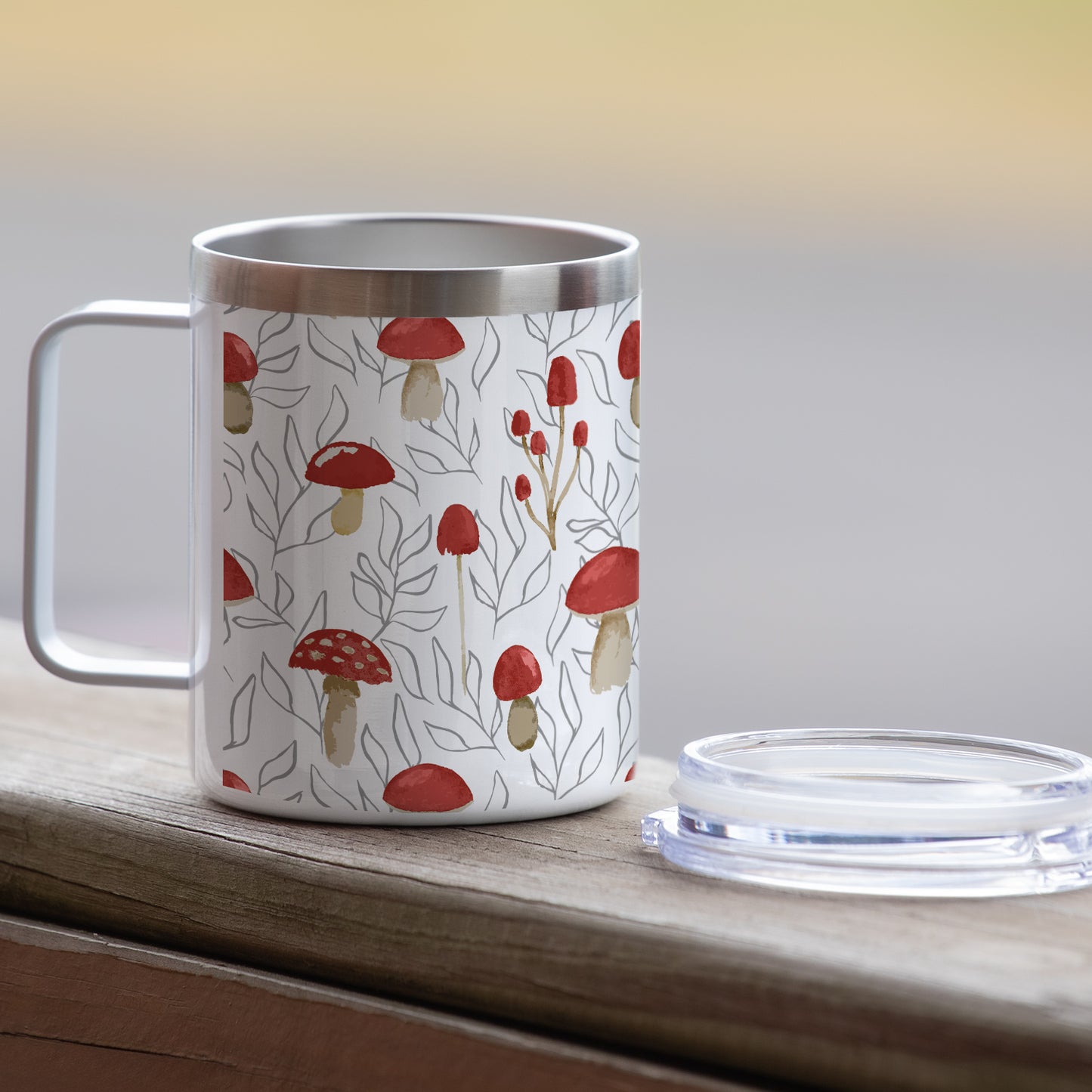 Mushrooms Stainless Steel Travel Mug with Lid 12 oz. Manufactured in the USA