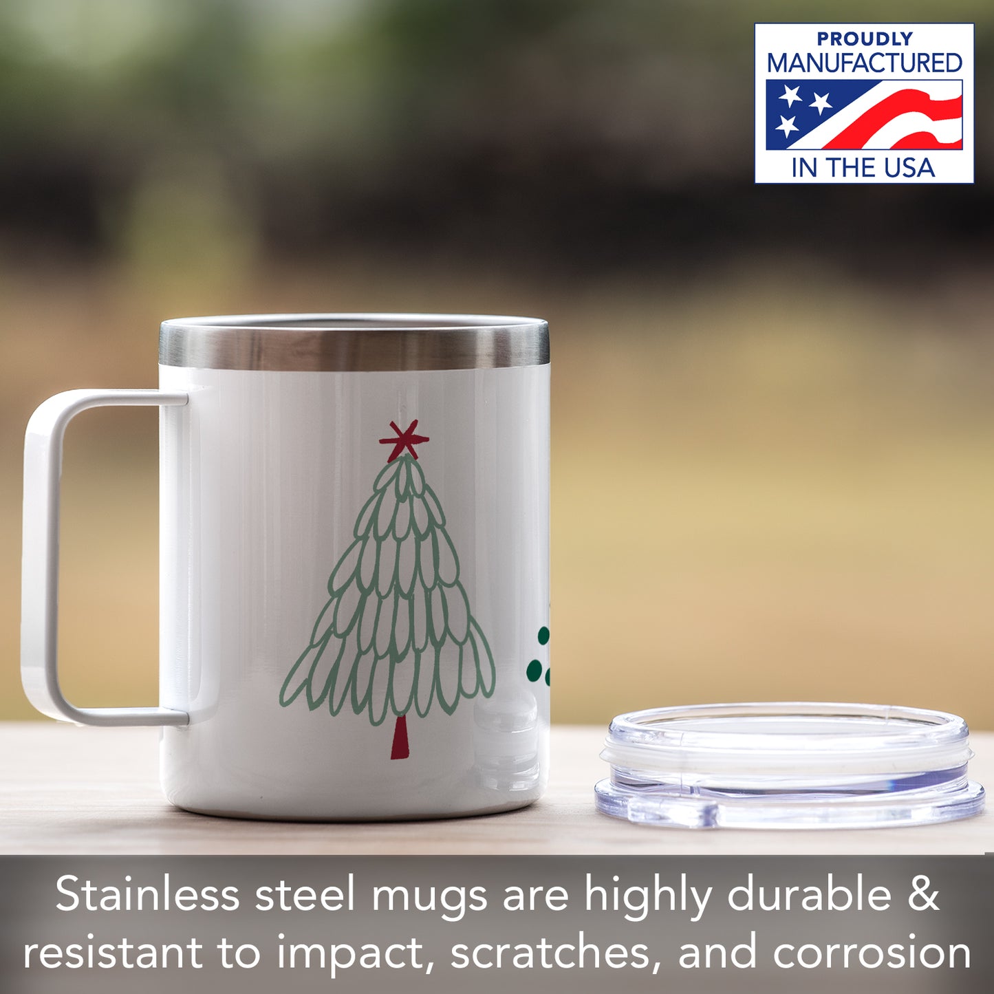 Highland Home Scandinavian Trees Stainless Steel Insulated Travel Mug with Lid 12 oz. Manufactured in the USA