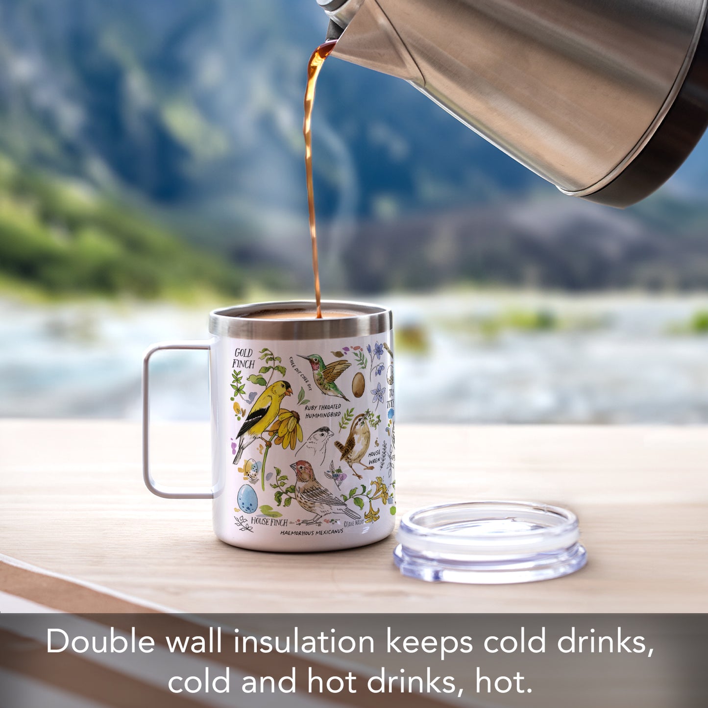 Highland Home Drawn to Birds Decorative Stainless Steel Insulated Travel Mug with Lid and Handle 12 oz. Manufactured in the USA Dishwasher Safe