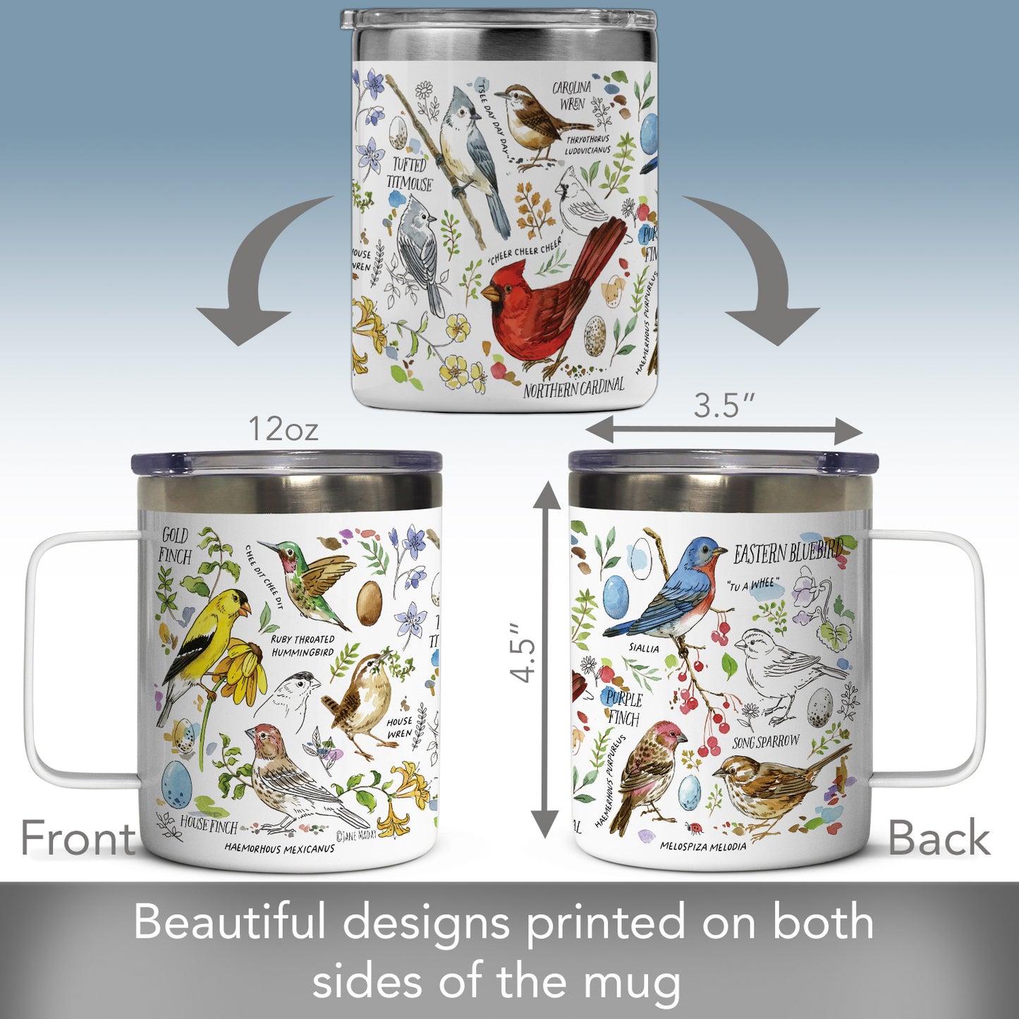 Highland Home Drawn to Birds Decorative Stainless Steel Insulated Travel Mug with Lid and Handle 12 oz. Manufactured in the USA Dishwasher Safe