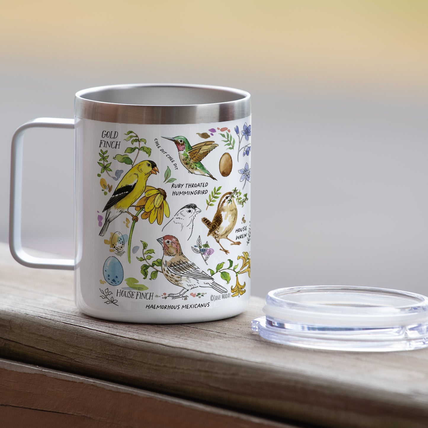 Highland Home Drawn to Birds Decorative Stainless Steel Insulated Travel Mug with Lid and Handle 12 oz. Manufactured in the USA Dishwasher Safe