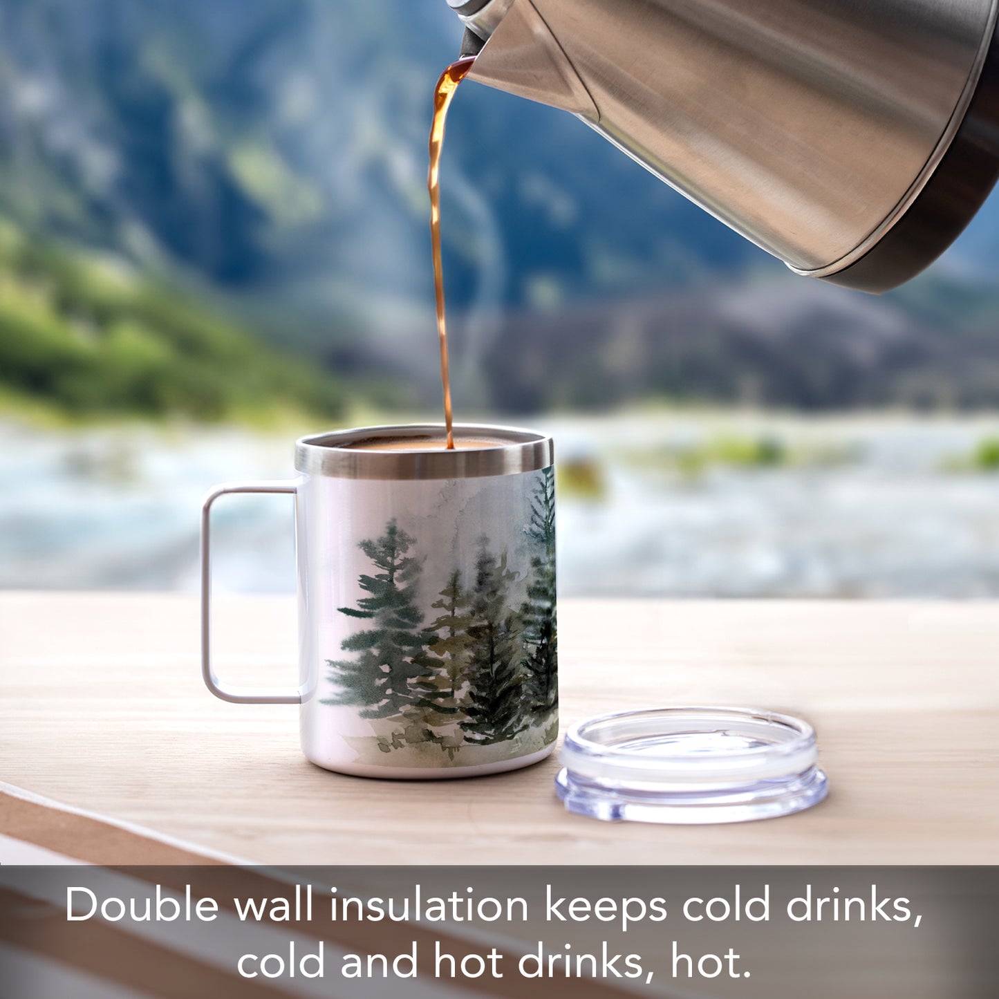 Highland Home Misty Tree Line Stainless Steel Travel Mug with Lid 12 oz. Manufactured in the USA