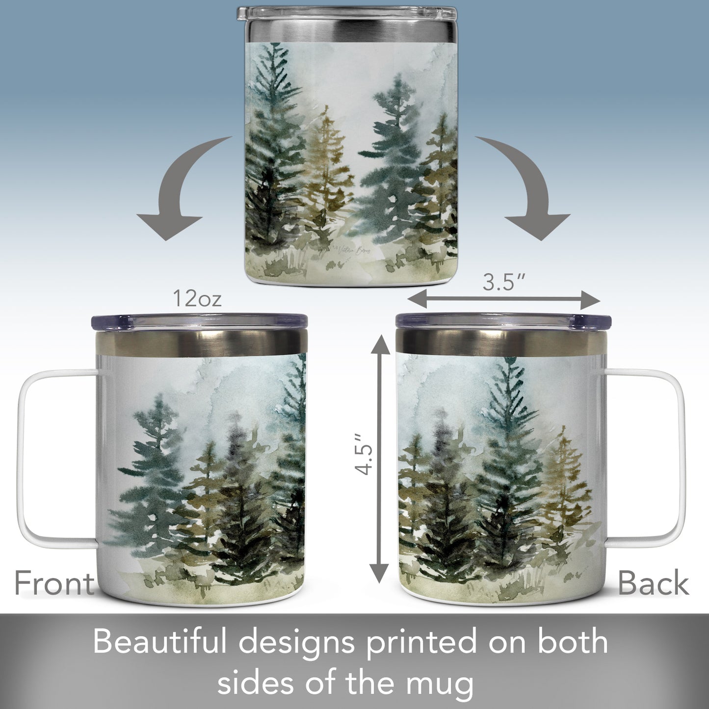 Highland Home Misty Tree Line Stainless Steel Travel Mug with Lid 12 oz. Manufactured in the USA