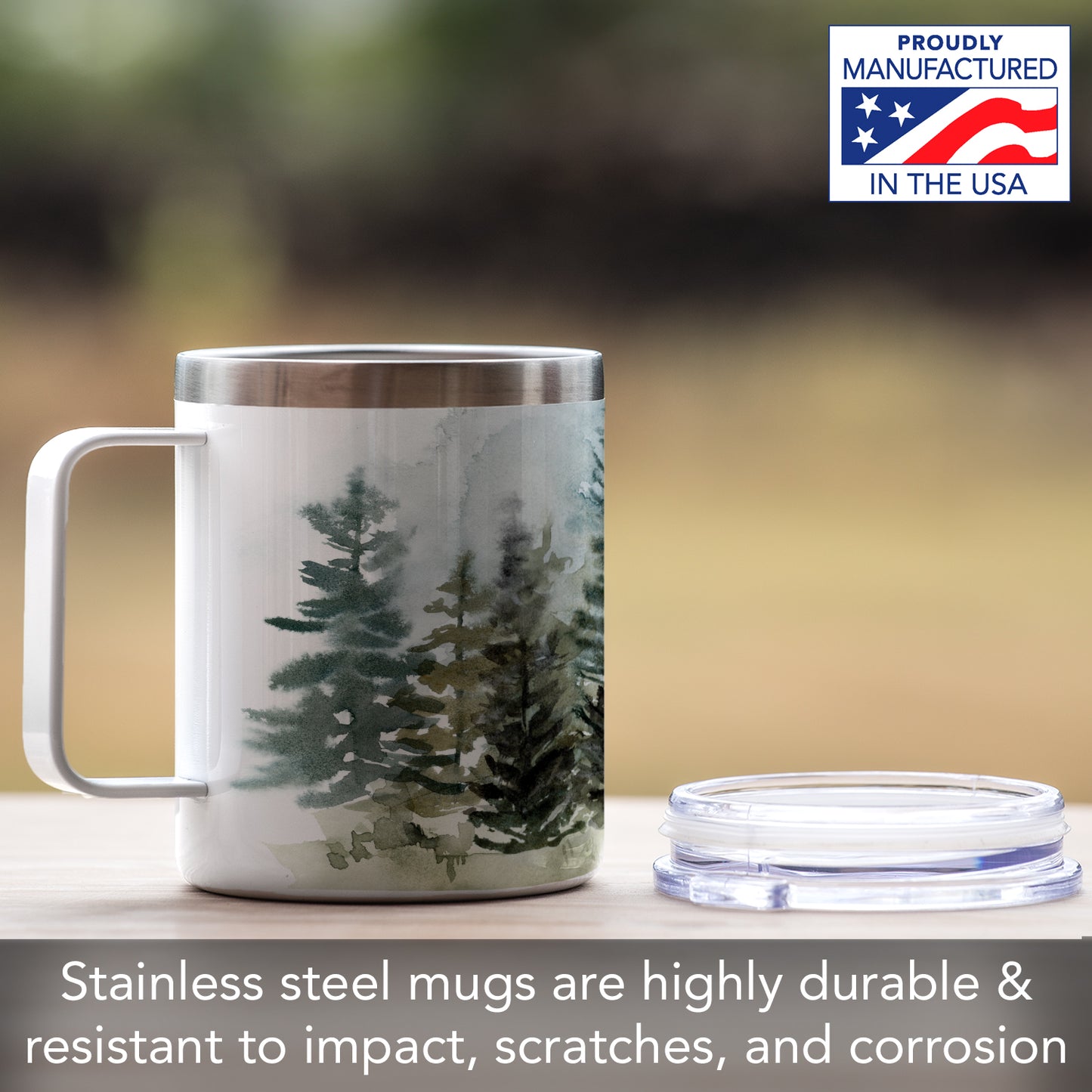 Highland Home Misty Tree Line Stainless Steel Travel Mug with Lid 12 oz. Manufactured in the USA