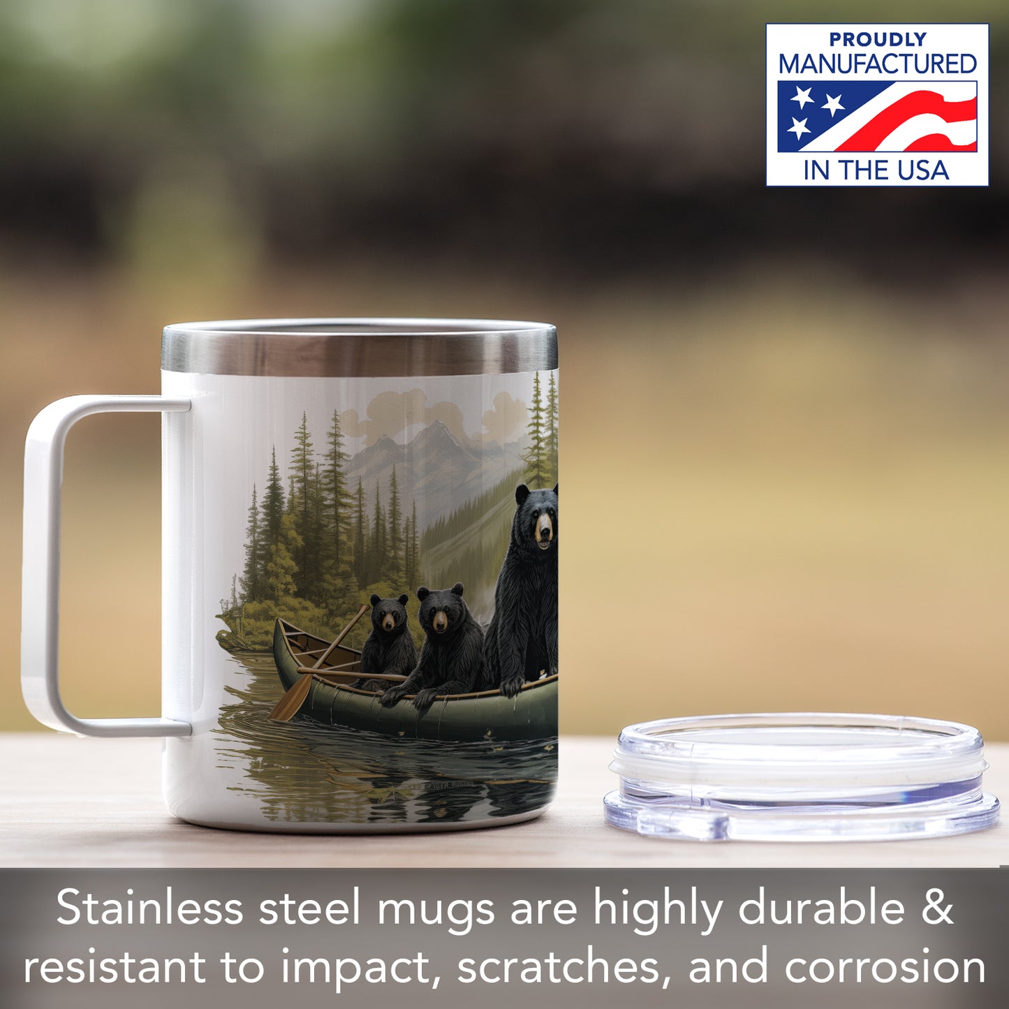 Highland Home Black Bear Canoe Stainless Steel Travel Mug with Lid 12 oz. Manufactured in the USA