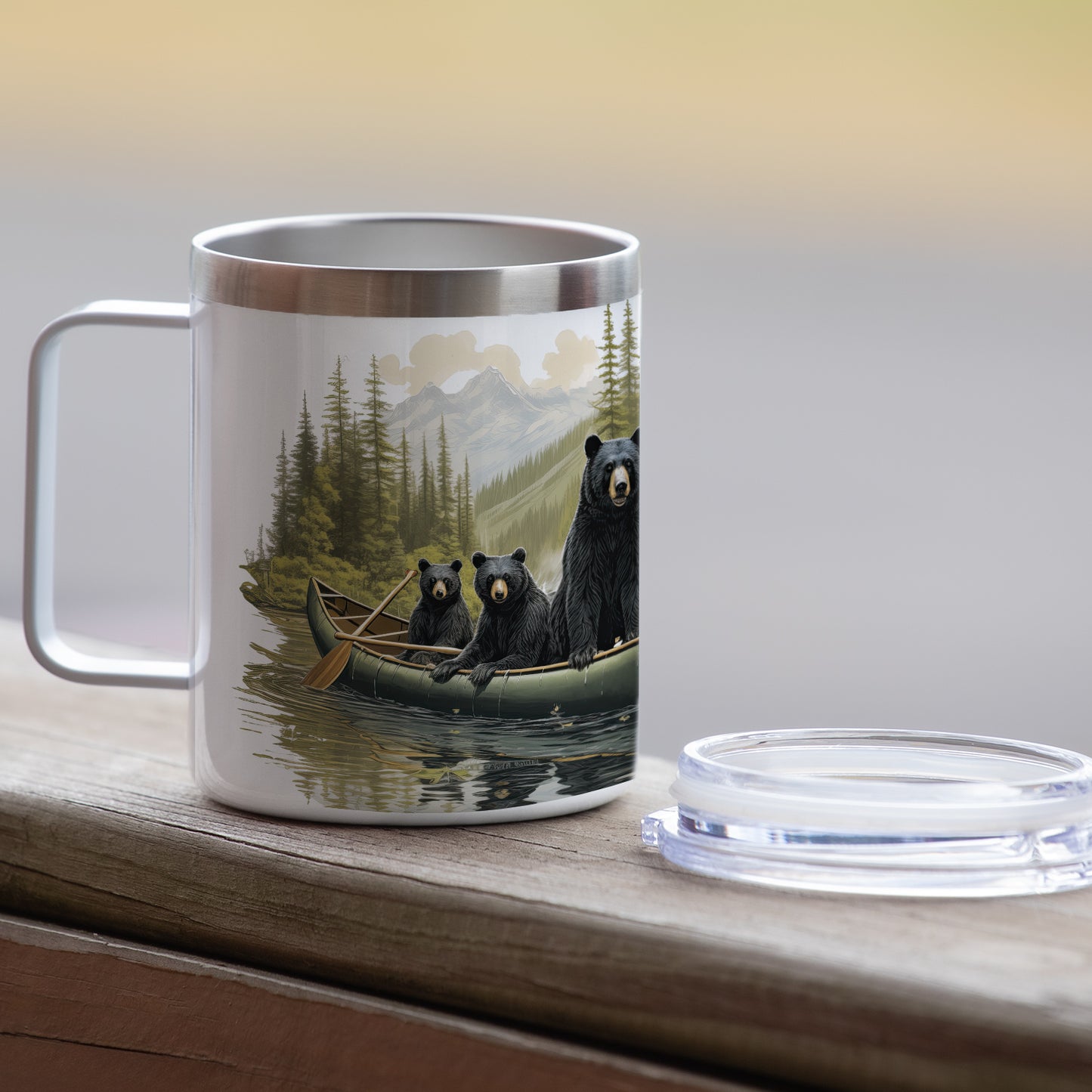 Black Bear Canoe Stainless Steel Travel Mug with Lid 12 oz. Manufactured in the USA