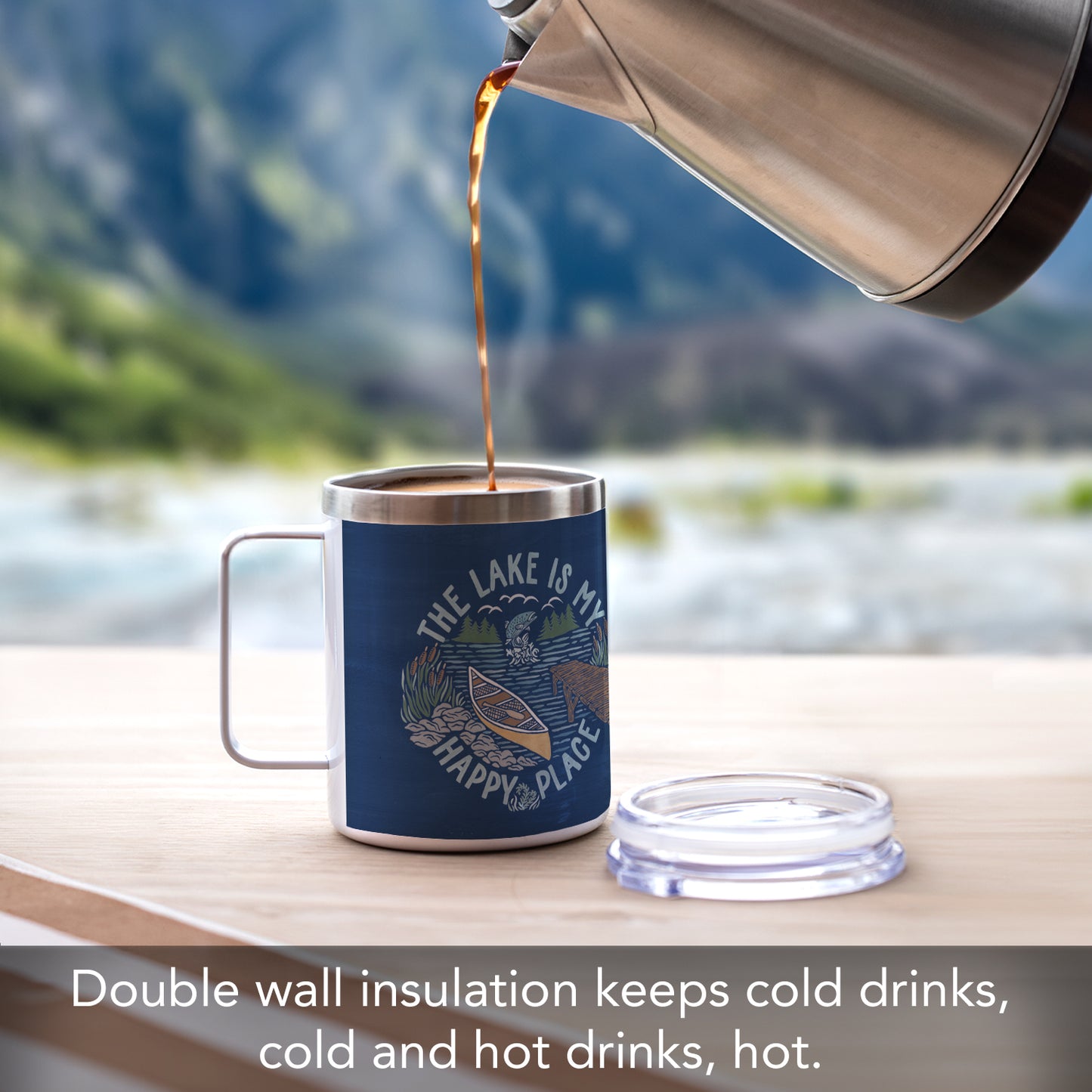 Highland Home Decorative Stainless Steel Insulated Travel Mug with Lid and Handle 12 oz. Manufactured in the USA Dishwasher Safe (Lakeside Days)