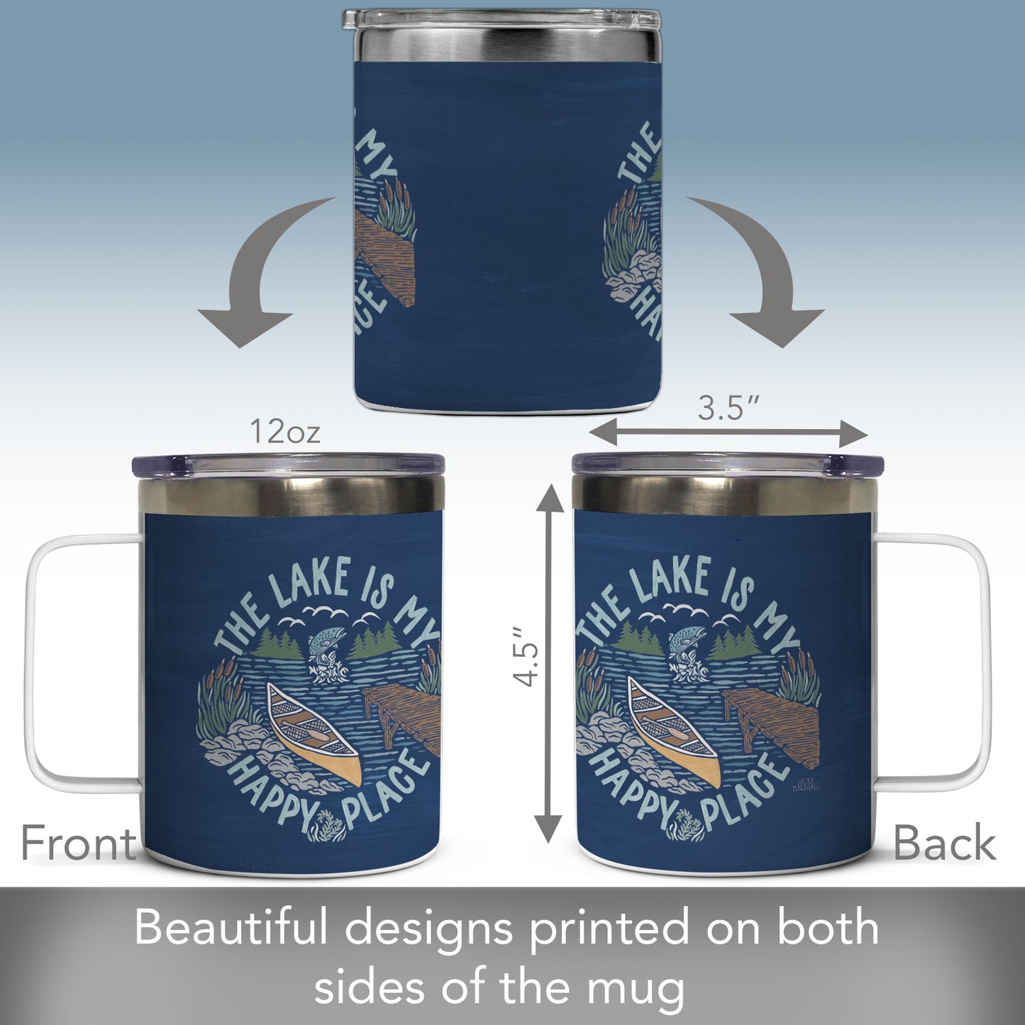 Highland Home Decorative Stainless Steel Insulated Travel Mug with Lid and Handle 12 oz. Manufactured in the USA Dishwasher Safe (Lakeside Days)
