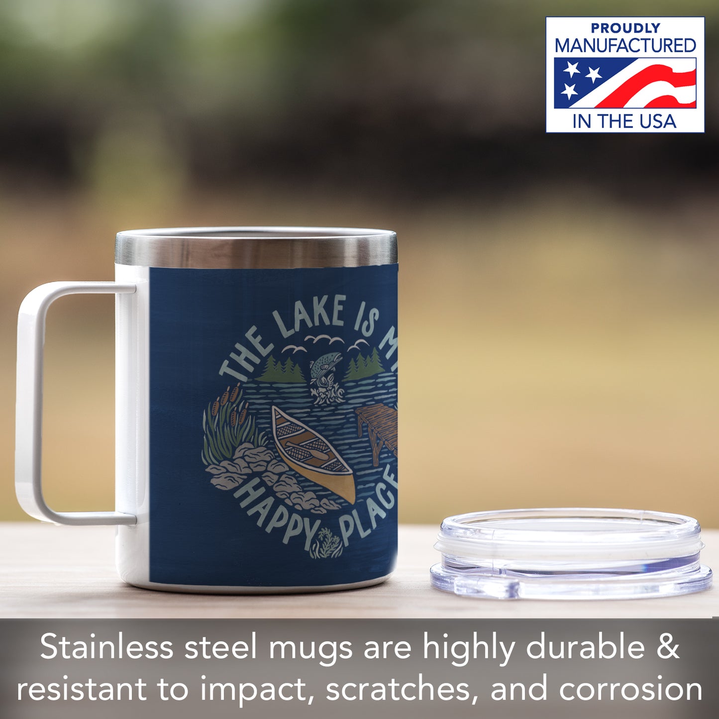 Highland Home Decorative Stainless Steel Insulated Travel Mug with Lid and Handle 12 oz. Manufactured in the USA Dishwasher Safe (Lakeside Days)