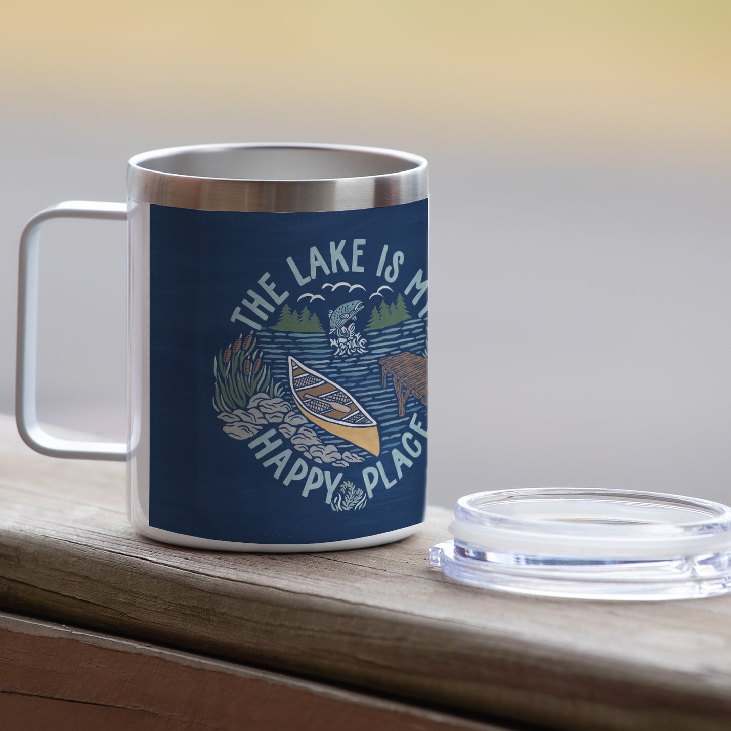 Lakeside Days Decorative Stainless Steel Insulated Travel Mug with Lid and Handle 12 oz. Manufactured in the USA