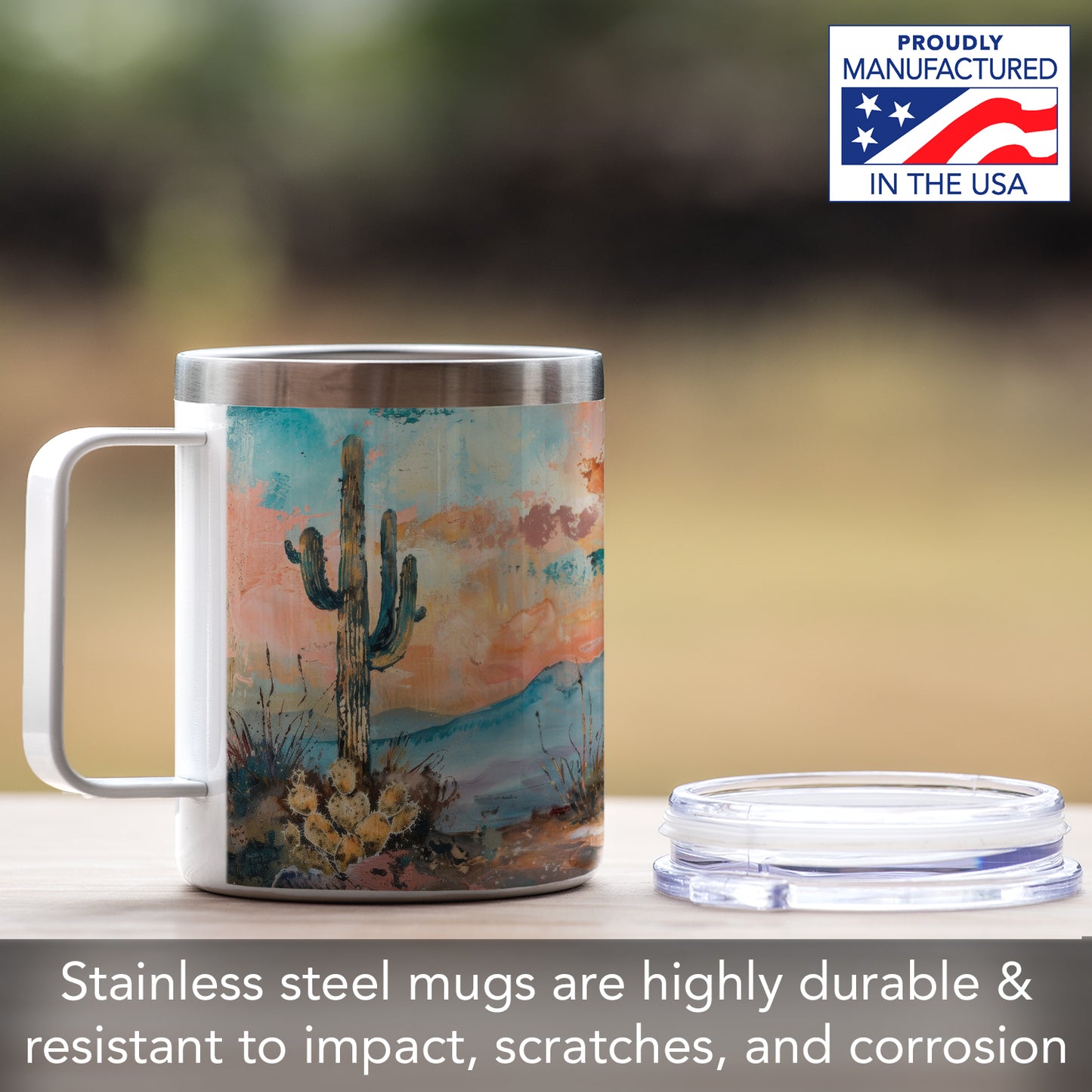 Highland Home Desert Dream Decorative Stainless Steel Insulated Travel Mug with Lid and Handle 12 oz. Manufactured in the USA Dishwasher Safe
