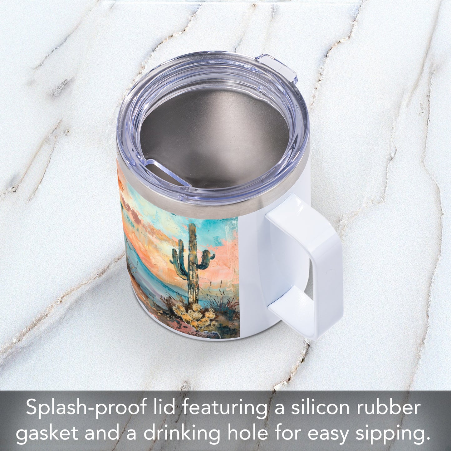 Highland Home Desert Dream Decorative Stainless Steel Insulated Travel Mug with Lid and Handle 12 oz. Manufactured in the USA Dishwasher Safe