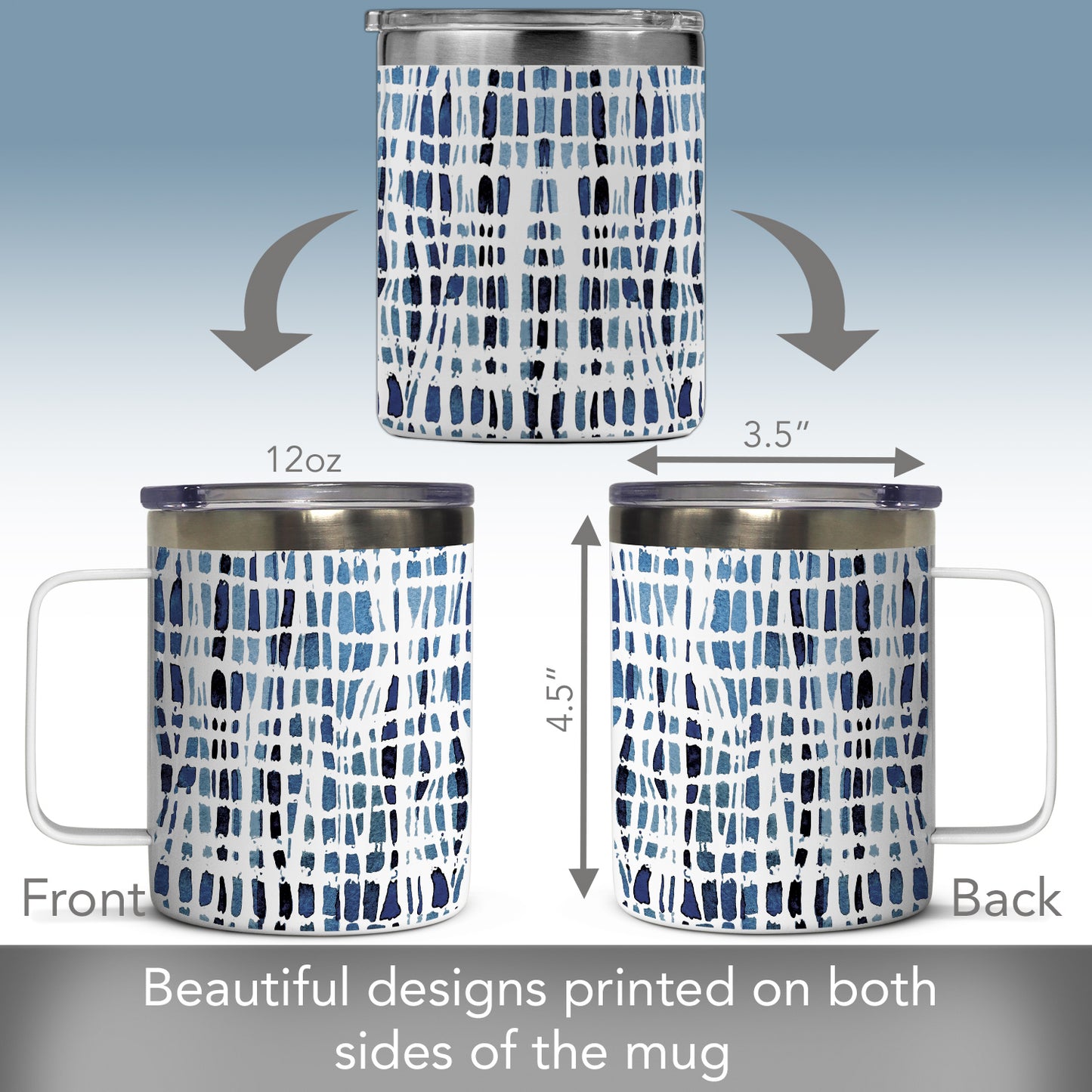 Highland Home Wavy Indigo Decorative Stainless Steel Insulated Travel Mug with Lid and Handle 12 oz. Manufactured in the USA Dishwasher Safe