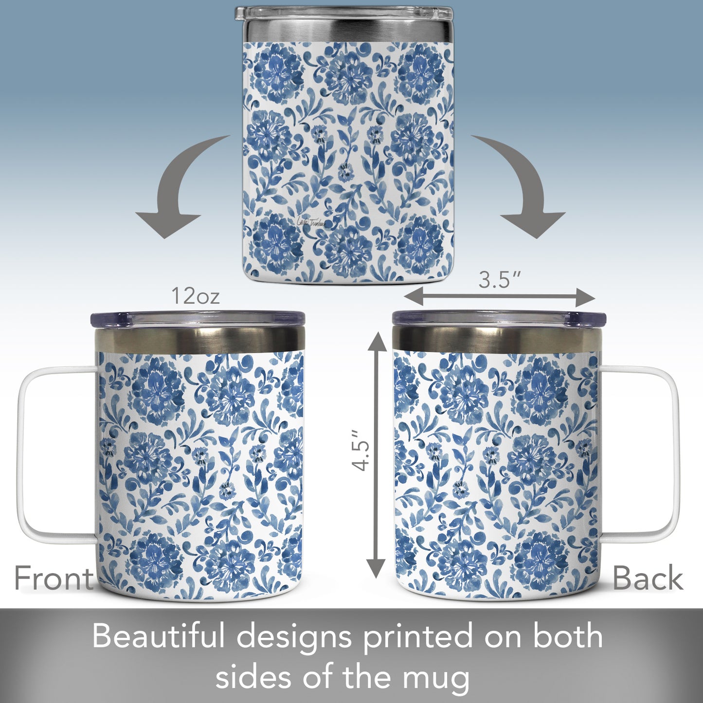 Highland Home Blue Paisley Decorative Stainless Steel Insulated Travel Mug with Lid and Handle 12 oz. Manufactured in the USA Dishwasher Safe
