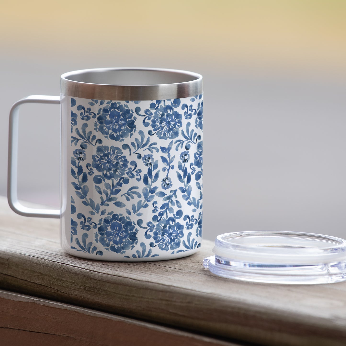 Blue Paisley Decorative Stainless Steel Insulated Travel Mug with Lid 12 oz. Manufactured in the USA