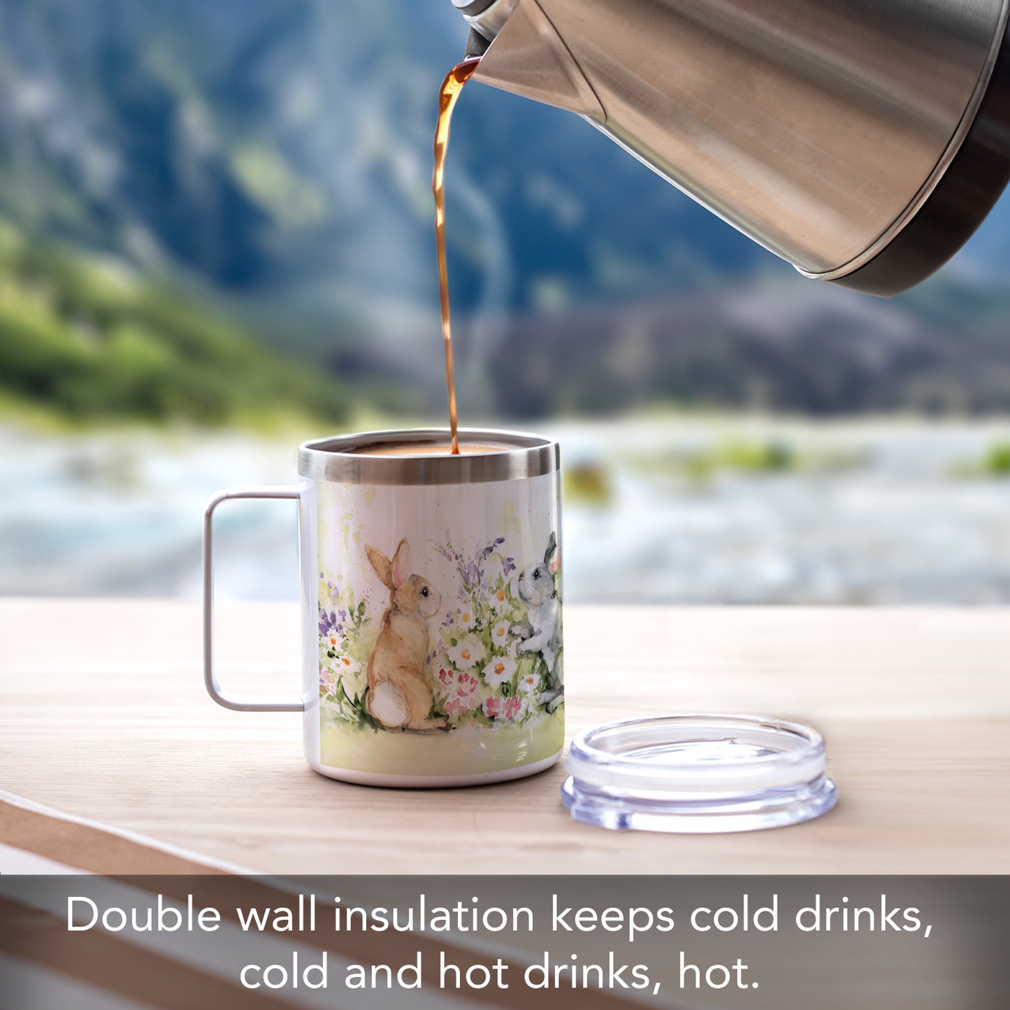 Highland Home Garden Bunnies Decorative Stainless Steel Insulated Travel Mug with Lid and Handle 12 oz. Manufactured in the USA Dishwasher Safe
