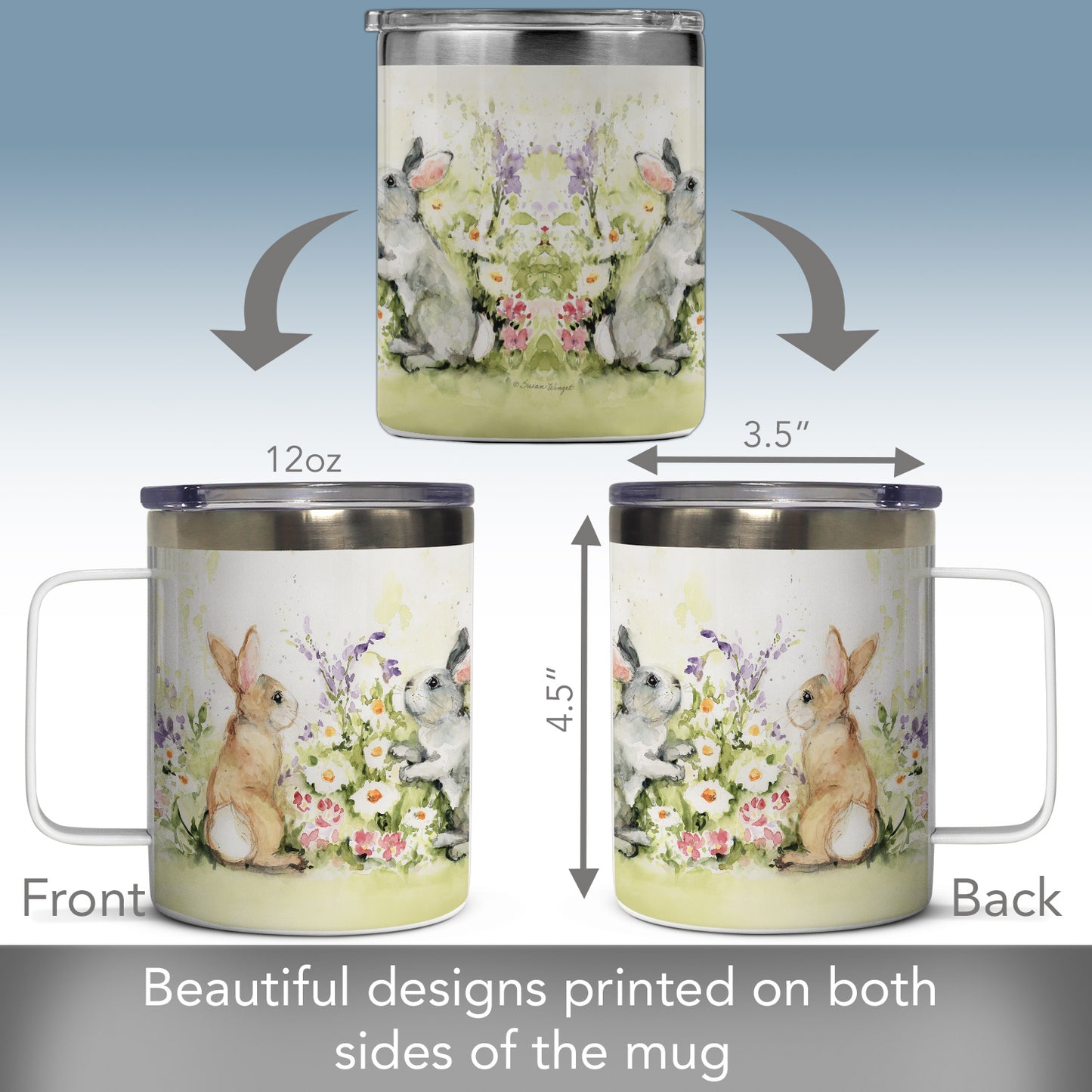 Highland Home Garden Bunnies Decorative Stainless Steel Insulated Travel Mug with Lid and Handle 12 oz. Manufactured in the USA Dishwasher Safe