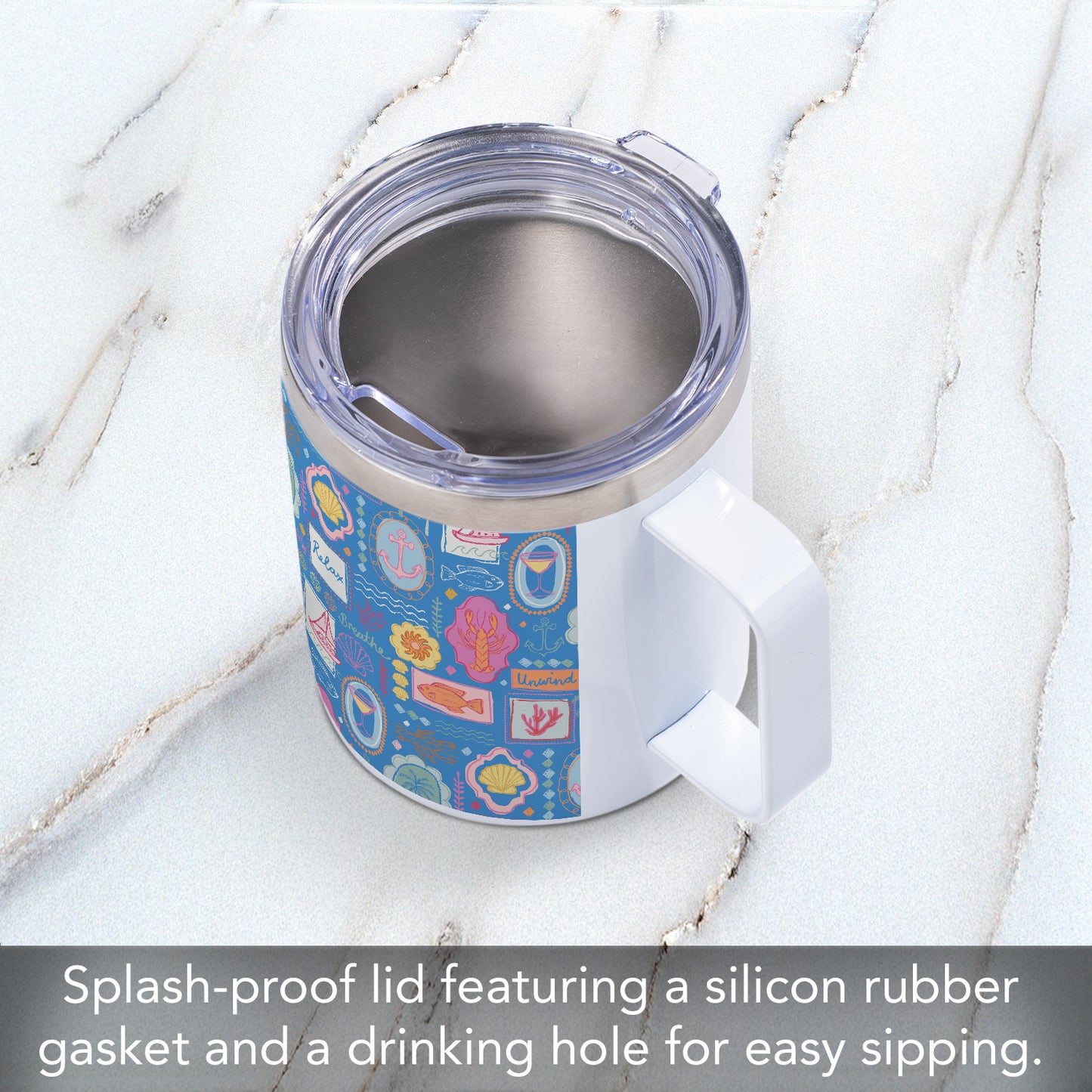 Coastal Stamps Stainless Steel Travel Mug with Lid 12 oz. Manufactured in the USA