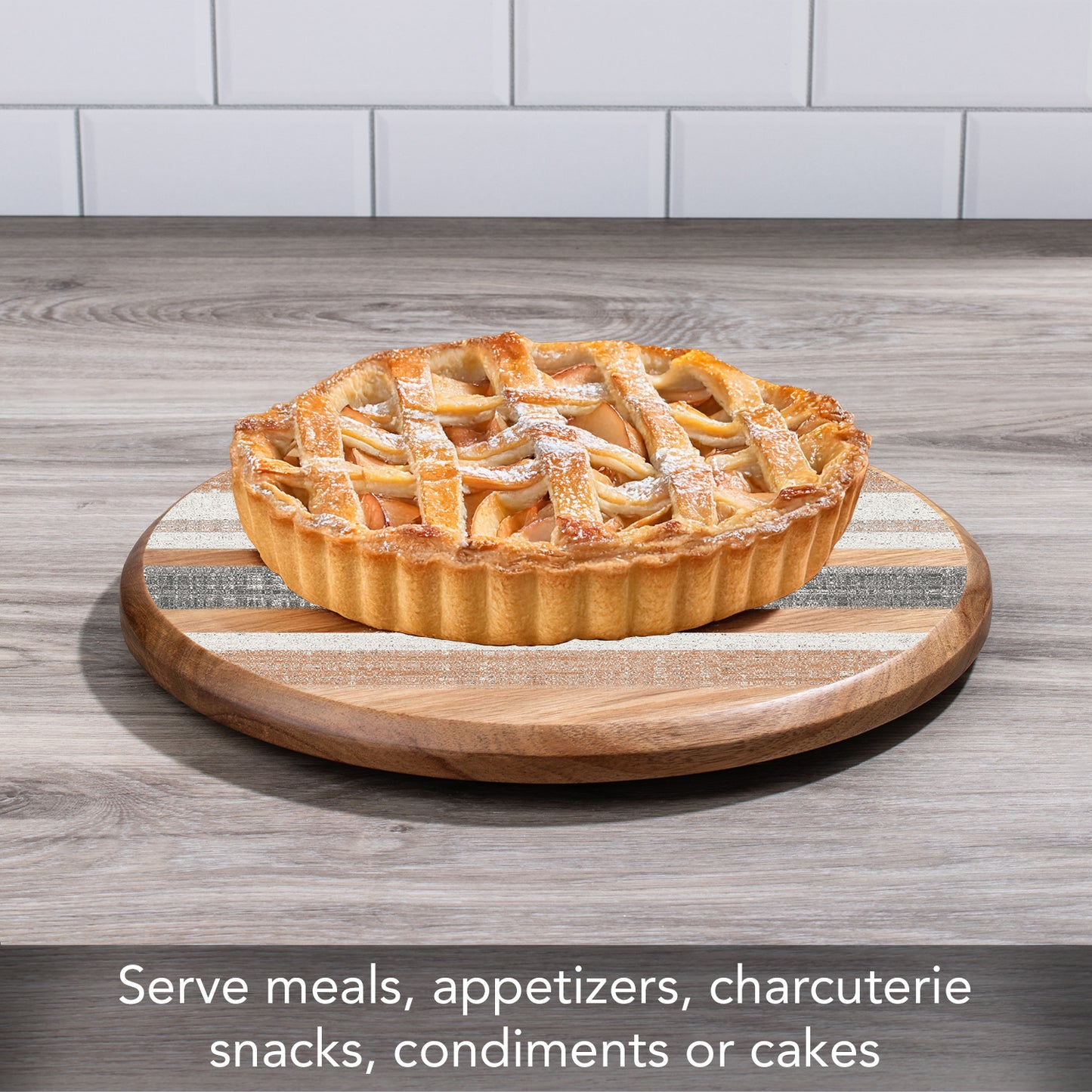 CounterArt Wide Stripes Round Acacia Wood Lazy Susan Turntable 14" Diameter for Serving Kitchen Organization Condiment Caddy