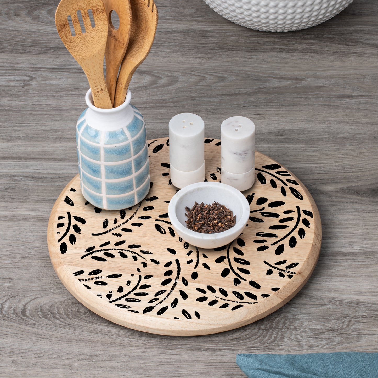 CounterArt Black Leaves Wood Lazy Susan Turntable 14" Diameter for Serving Kitchen Organization Condiment Caddy