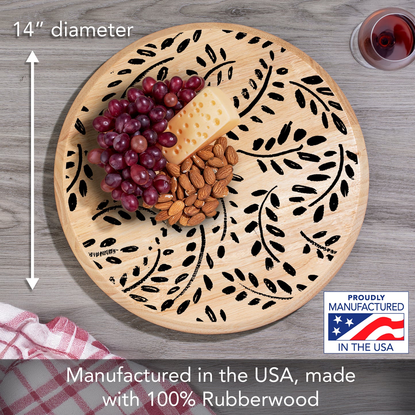 CounterArt Black Leaves Wood Lazy Susan Turntable 14" Diameter for Serving Kitchen Organization Condiment Caddy