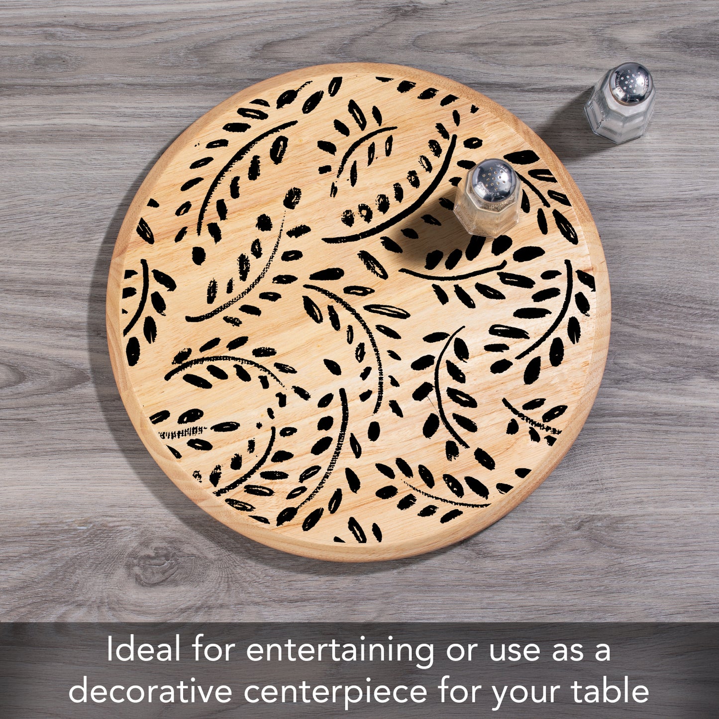 CounterArt Black Leaves Wood Lazy Susan Turntable 14" Diameter for Serving Kitchen Organization Condiment Caddy