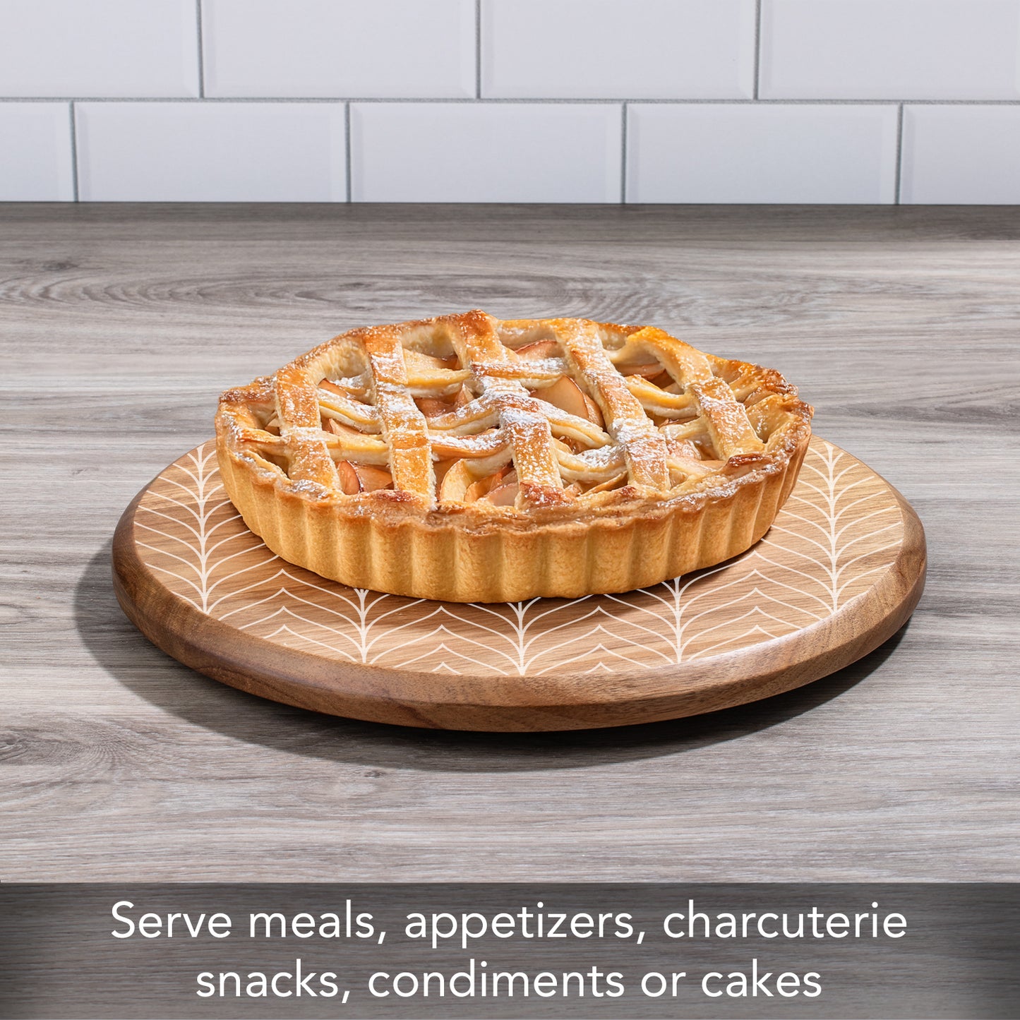CounterArt White Chevron Round Acacia Wood Lazy Susan Turntable 14" Diameter for Serving Kitchen Organization Condiment Caddy