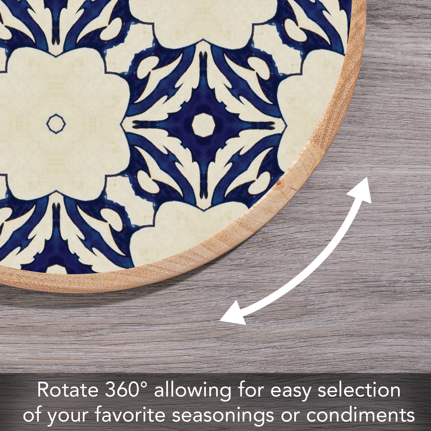 CounterArt Blue Tile Floral Wood Lazy Susan Turntable 14" Diameter for Serving Kitchen Organization Condiment Caddy