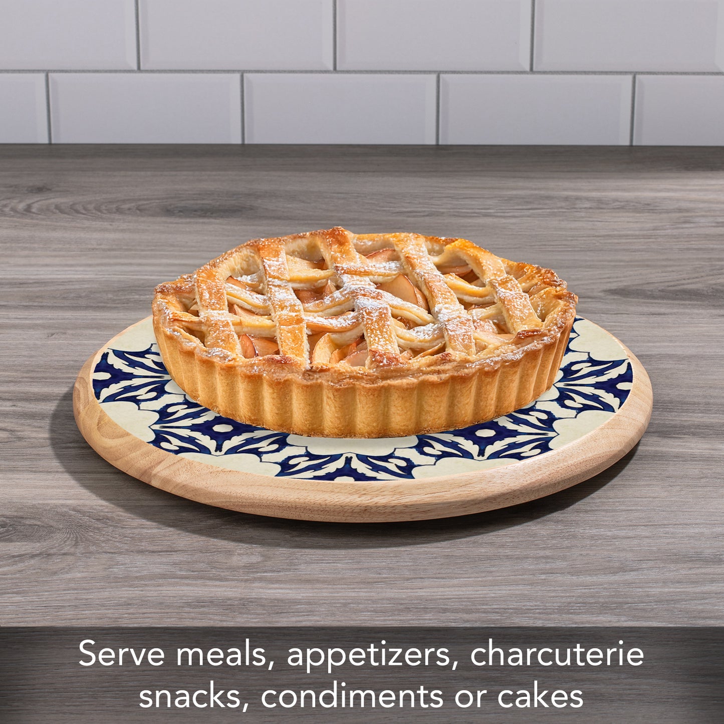 CounterArt Blue Tile Floral Wood Lazy Susan Turntable 14" Diameter for Serving Kitchen Organization Condiment Caddy