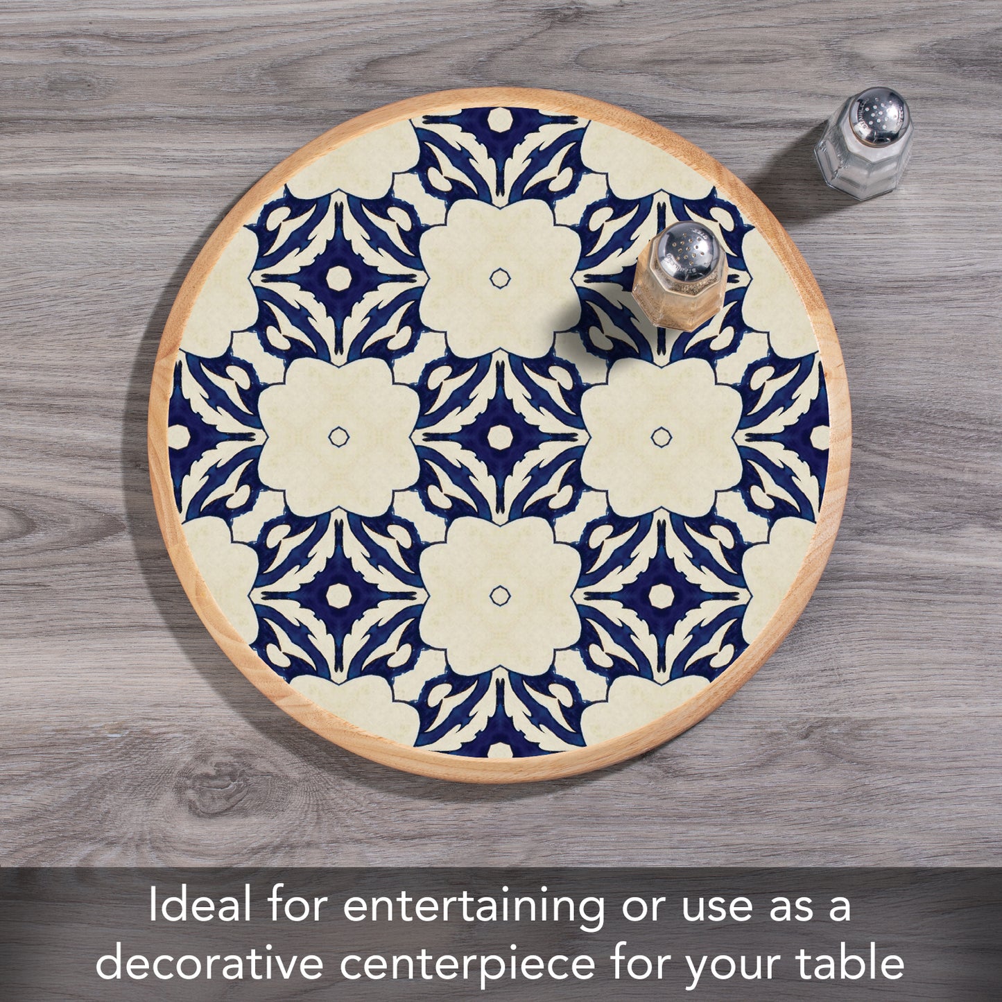 CounterArt Blue Tile Floral Wood Lazy Susan Turntable 14" Diameter for Serving Kitchen Organization Condiment Caddy