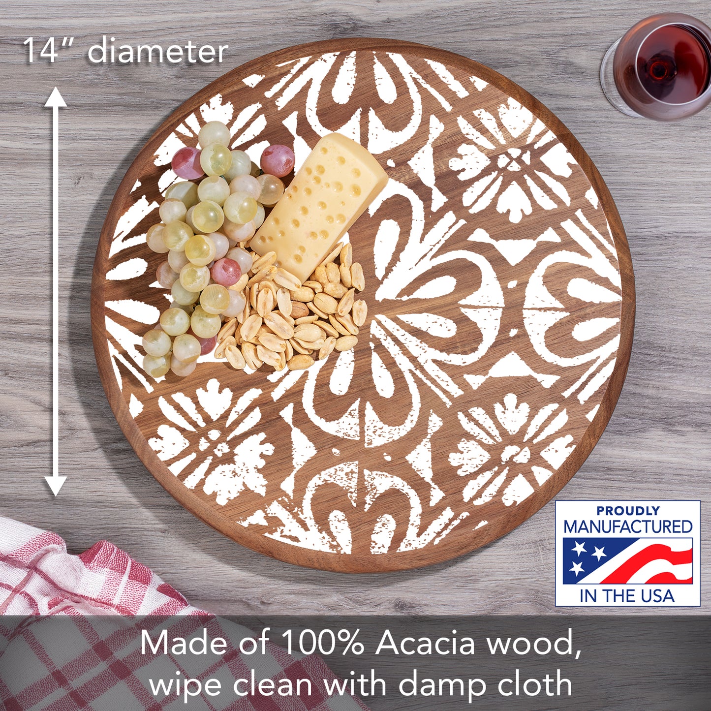 CounterArt White Tile Medallion Round Acacia Wood Lazy Susan Turntable 14" Diameter for Serving Kitchen Organization Condiment Caddy