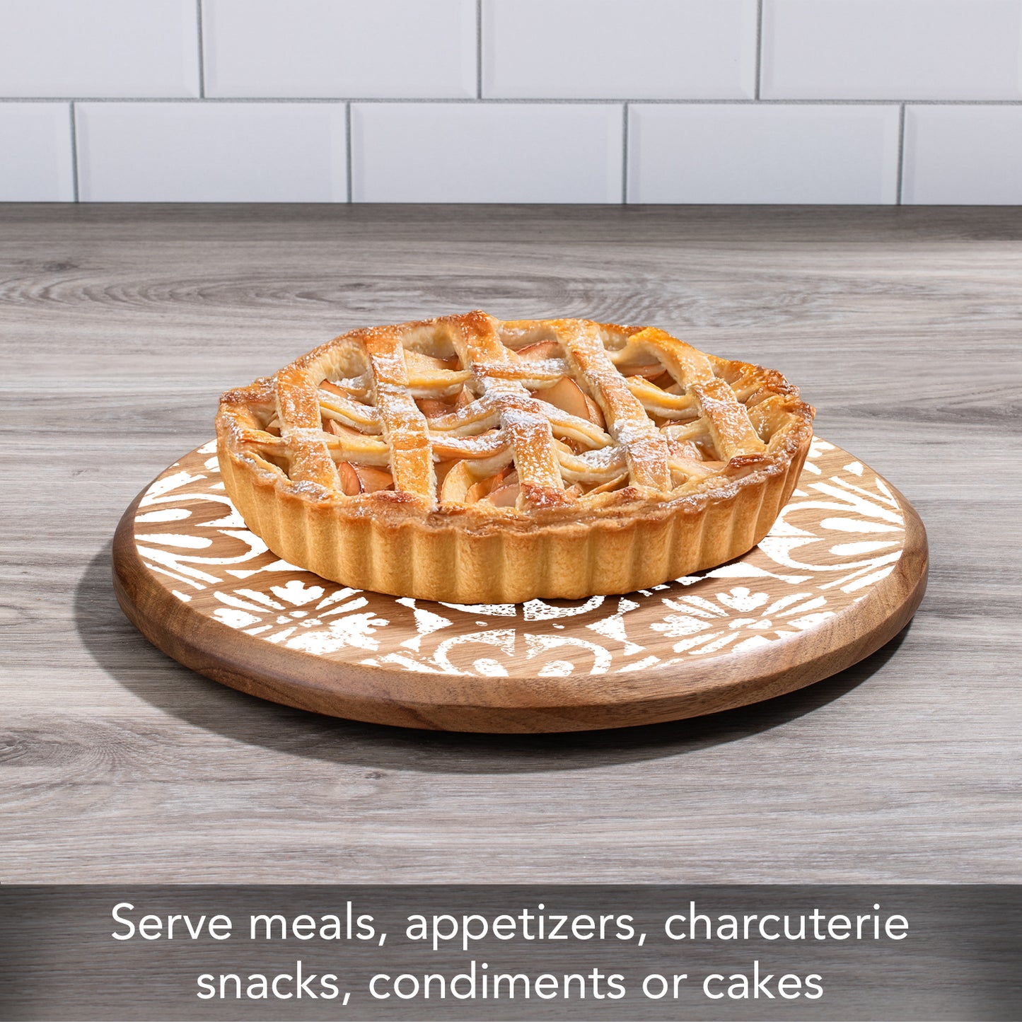 CounterArt White Tile Medallion Round Acacia Wood Lazy Susan Turntable 14" Diameter for Serving Kitchen Organization Condiment Caddy
