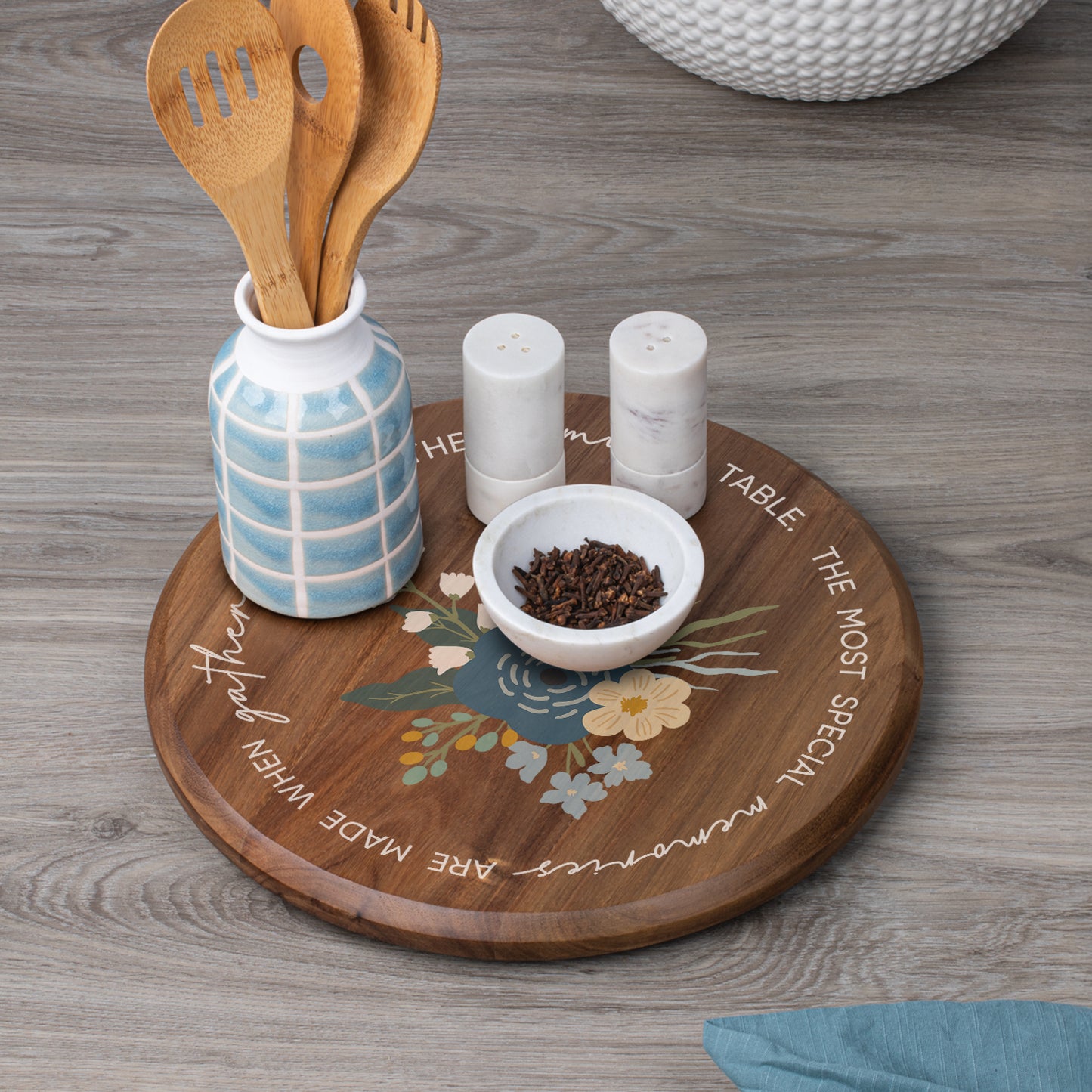 CounterArt Family Table Floral Round Acacia Wood Lazy Susan Turntable 14" Diameter for Serving Kitchen Organization Condiment Caddy