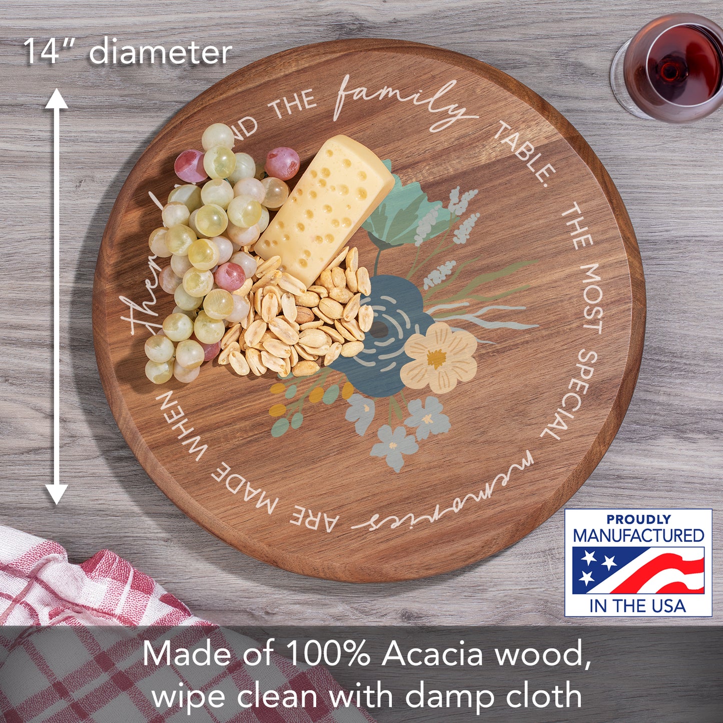 CounterArt Family Table Floral Round Acacia Wood Lazy Susan Turntable 14" Diameter for Serving Kitchen Organization Condiment Caddy