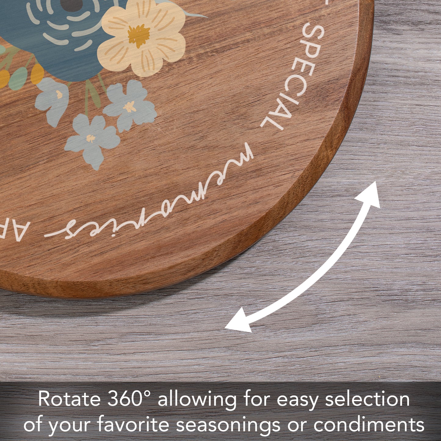 CounterArt Family Table Floral Round Acacia Wood Lazy Susan Turntable 14" Diameter for Serving Kitchen Organization Condiment Caddy