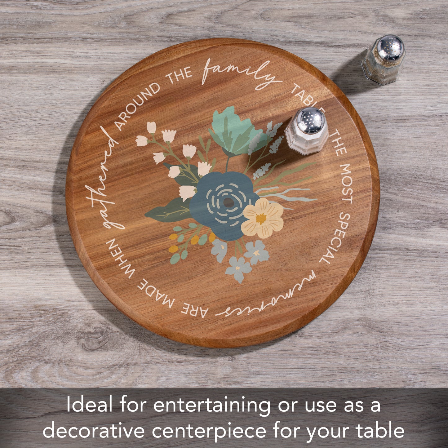 CounterArt Family Table Floral Round Acacia Wood Lazy Susan Turntable 14" Diameter for Serving Kitchen Organization Condiment Caddy
