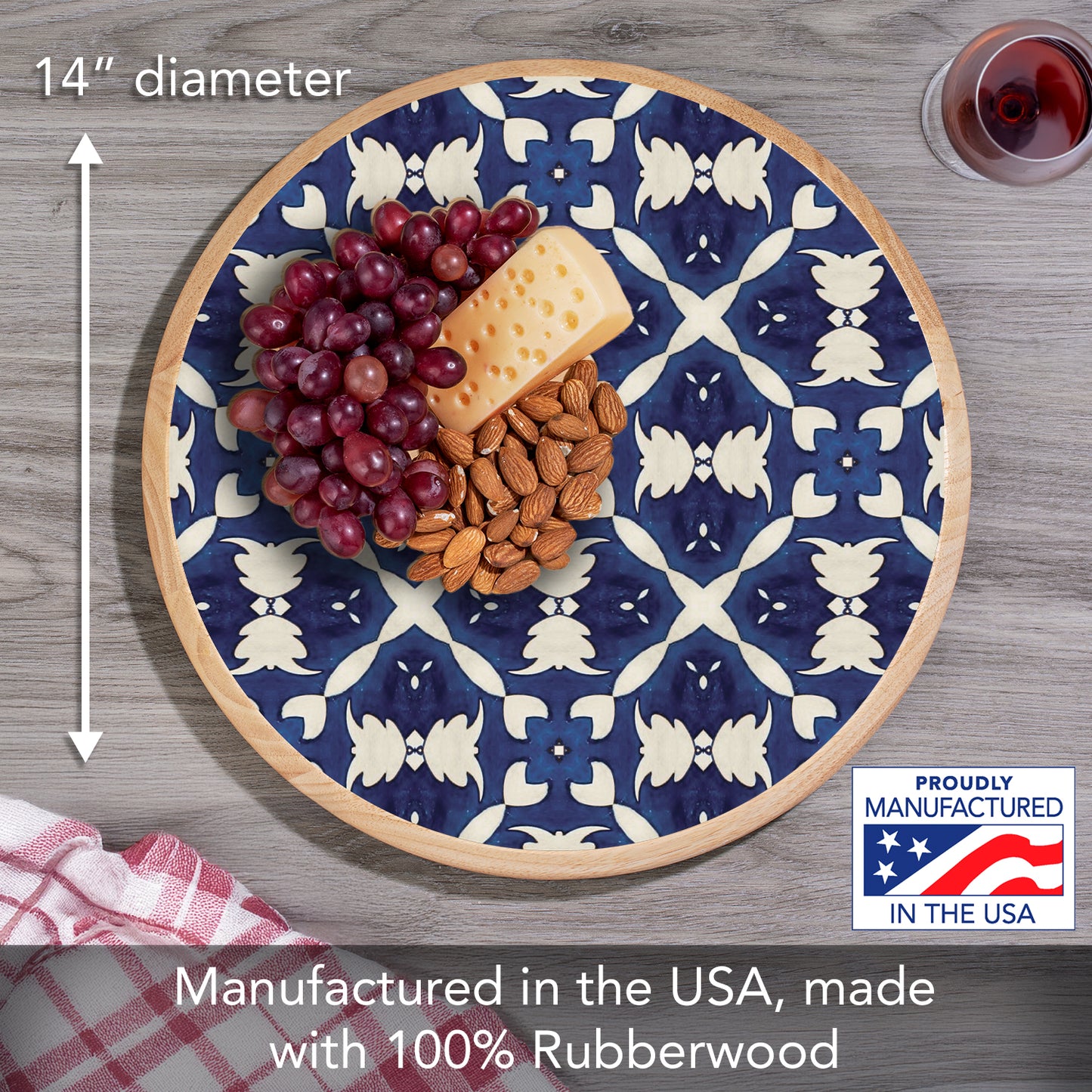 CounterArt Blue & White Pattern Wood Lazy Susan Turntable 14" Diameter for Serving Kitchen Organization Condiment Caddy
