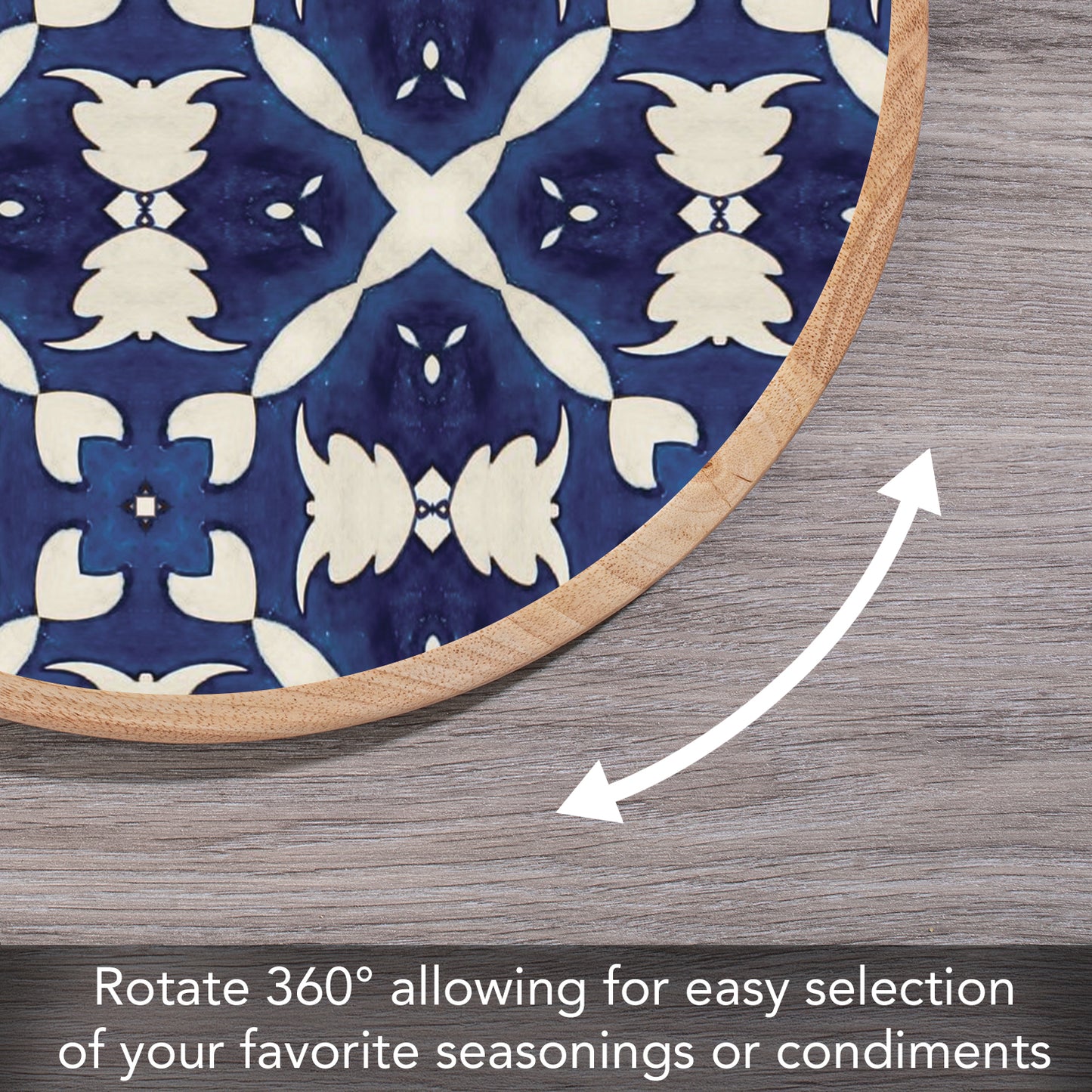 CounterArt Blue & White Pattern Wood Lazy Susan Turntable 14" Diameter for Serving Kitchen Organization Condiment Caddy