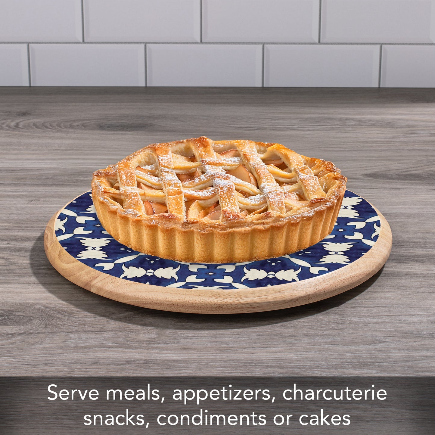 CounterArt Blue & White Pattern Wood Lazy Susan Turntable 14" Diameter for Serving Kitchen Organization Condiment Caddy