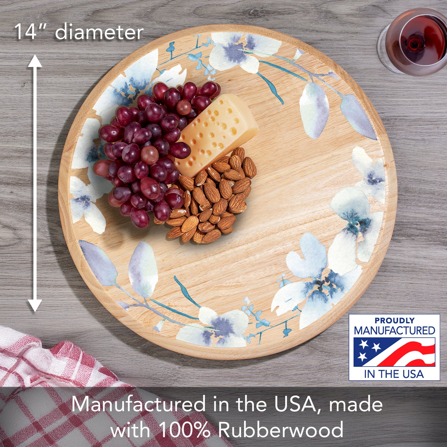 CounterArt White Floral Wreath Wood Lazy Susan Turntable 14" Diameter for Serving Kitchen Organization Condiment Caddy