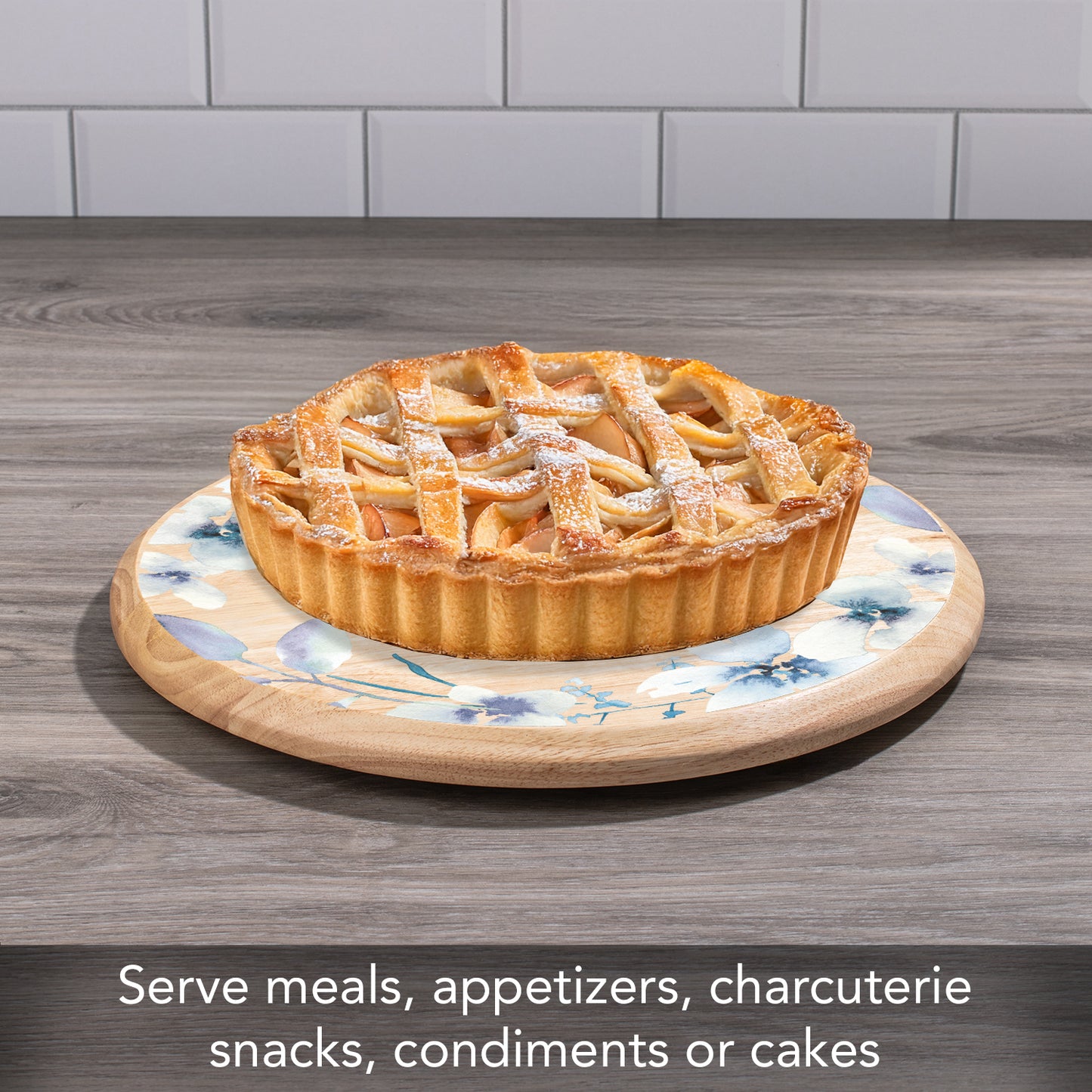 CounterArt White Floral Wreath Wood Lazy Susan Turntable 14" Diameter for Serving Kitchen Organization Condiment Caddy