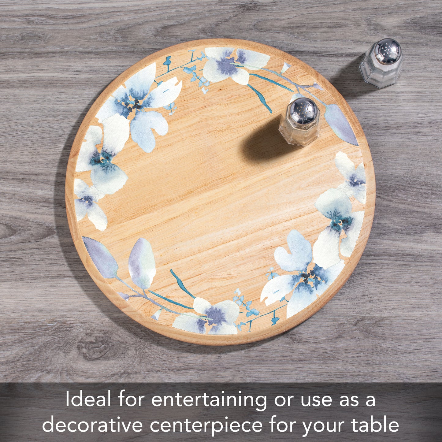CounterArt White Floral Wreath Wood Lazy Susan Turntable 14" Diameter for Serving Kitchen Organization Condiment Caddy