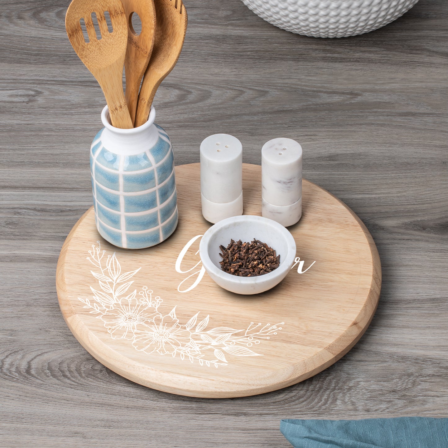 CounterArt Floral Gather Wood Lazy Susan Turntable 14" Diameter for Serving Kitchen Organization Condiment Caddy